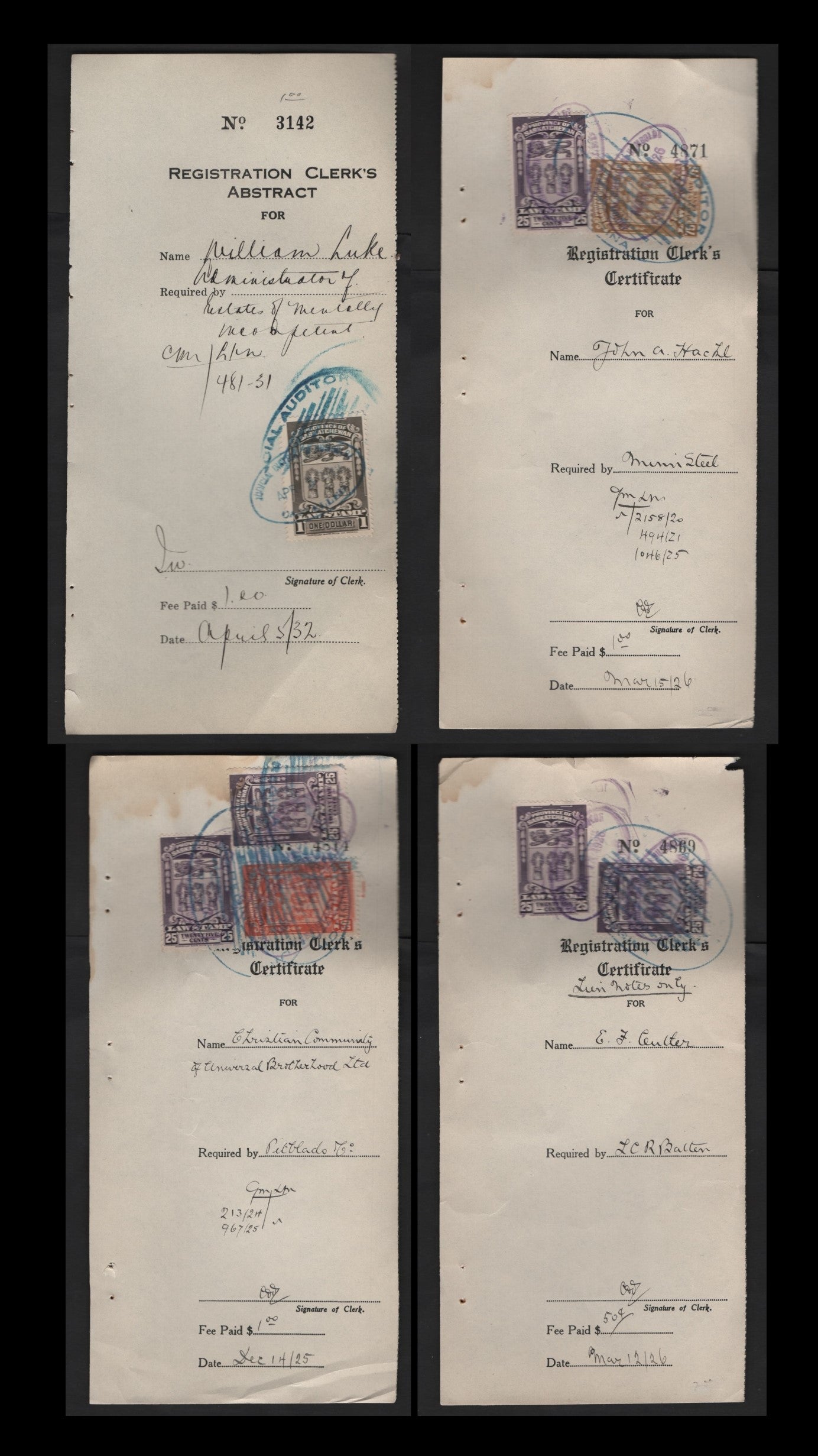 Lot 308 Canada - Province of Saskatchewan #SL36-39 25c-$1 Lilac-Black Brown Coat Of Arms, 1908-1938 First Law Stamp Issue, 4 VF Registration Clerk's Abstracts Dated From 1925-1932