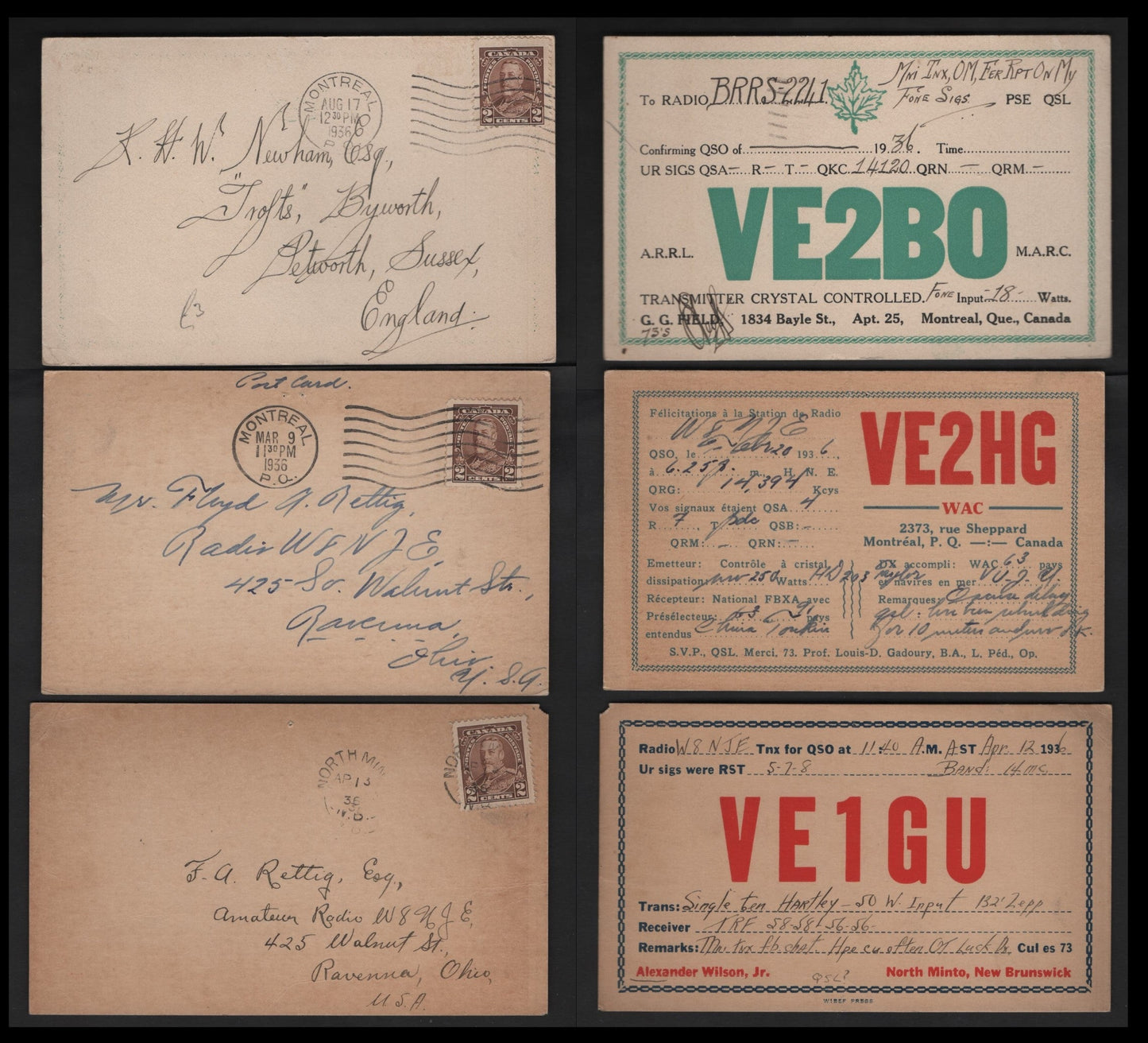 Lot 314 Canada #218 2c Brown King George V, 1935-1937 Dated Die Issue, 3 Fine & VF HAM Radio QSL Cards