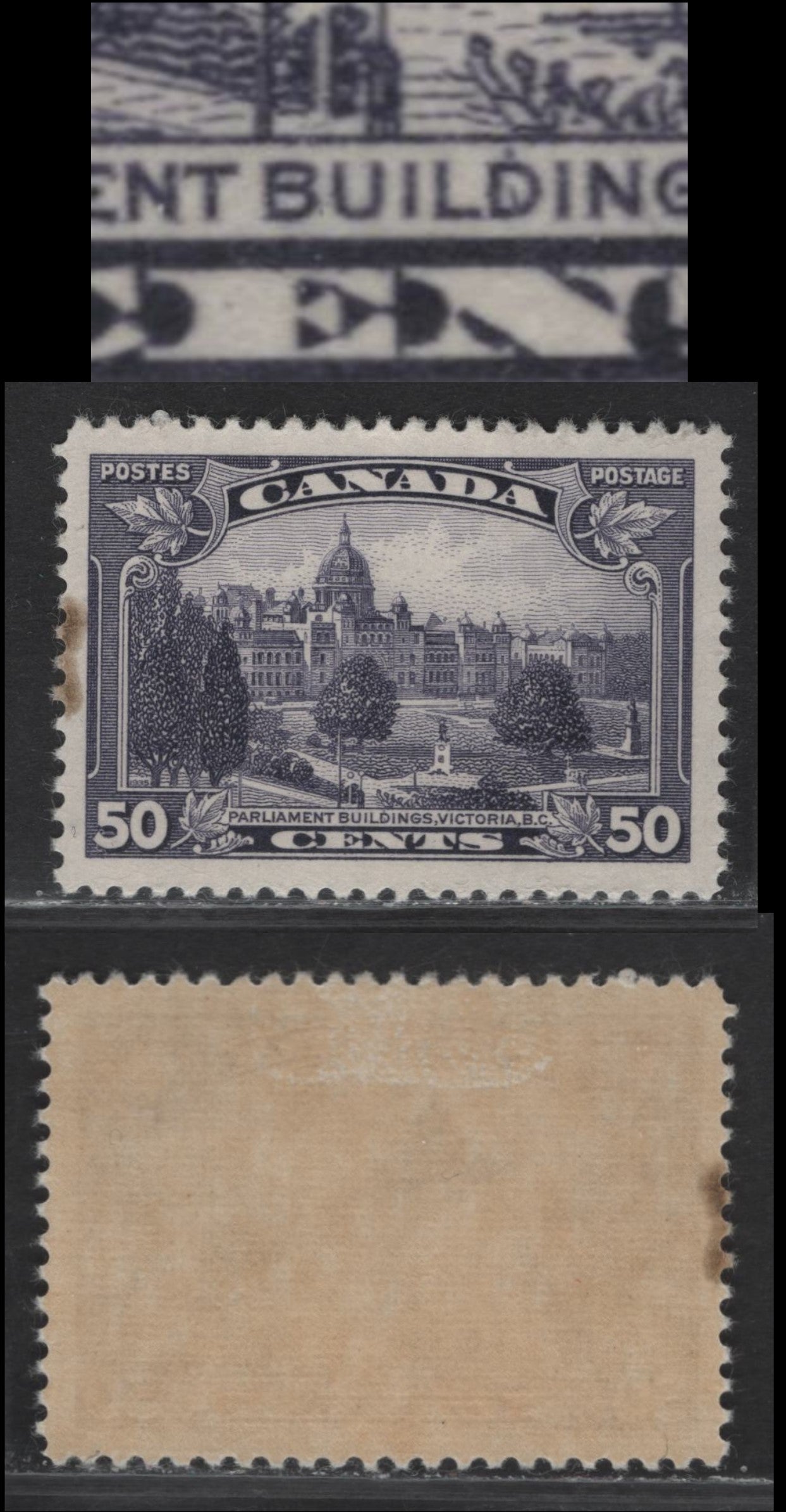 Lot 357 Canada #226var 50c Dull Slate Violet Parliament, 1935 KGV Pictorial Issue, A FOG Single, Paper CBn-GG, Perf 12, Showing Curved Stroke Through 'D' of Buildings, Small Toning Stain In Left Margin.