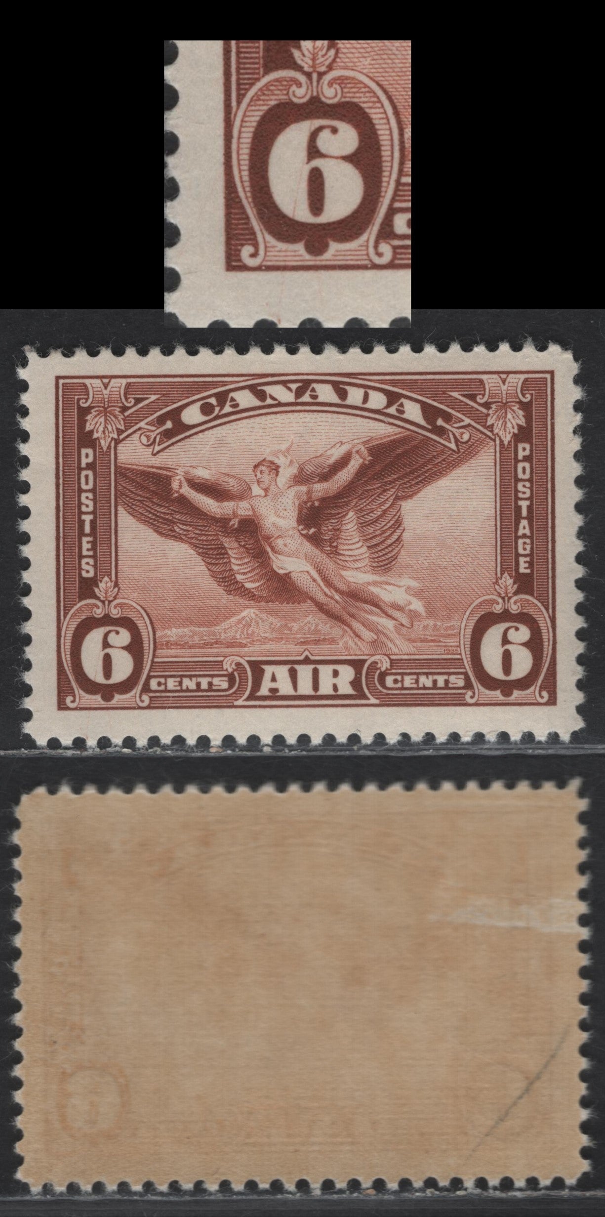 Lot 377 Canada (C) #C5 6c Red Brown Daedalus In Flight, 1935 Airmail Issue, A VFOG Single, CBN-RRR Paper, Perf 12x11.9, Showing Diagonal Scratch Through Left '6'.