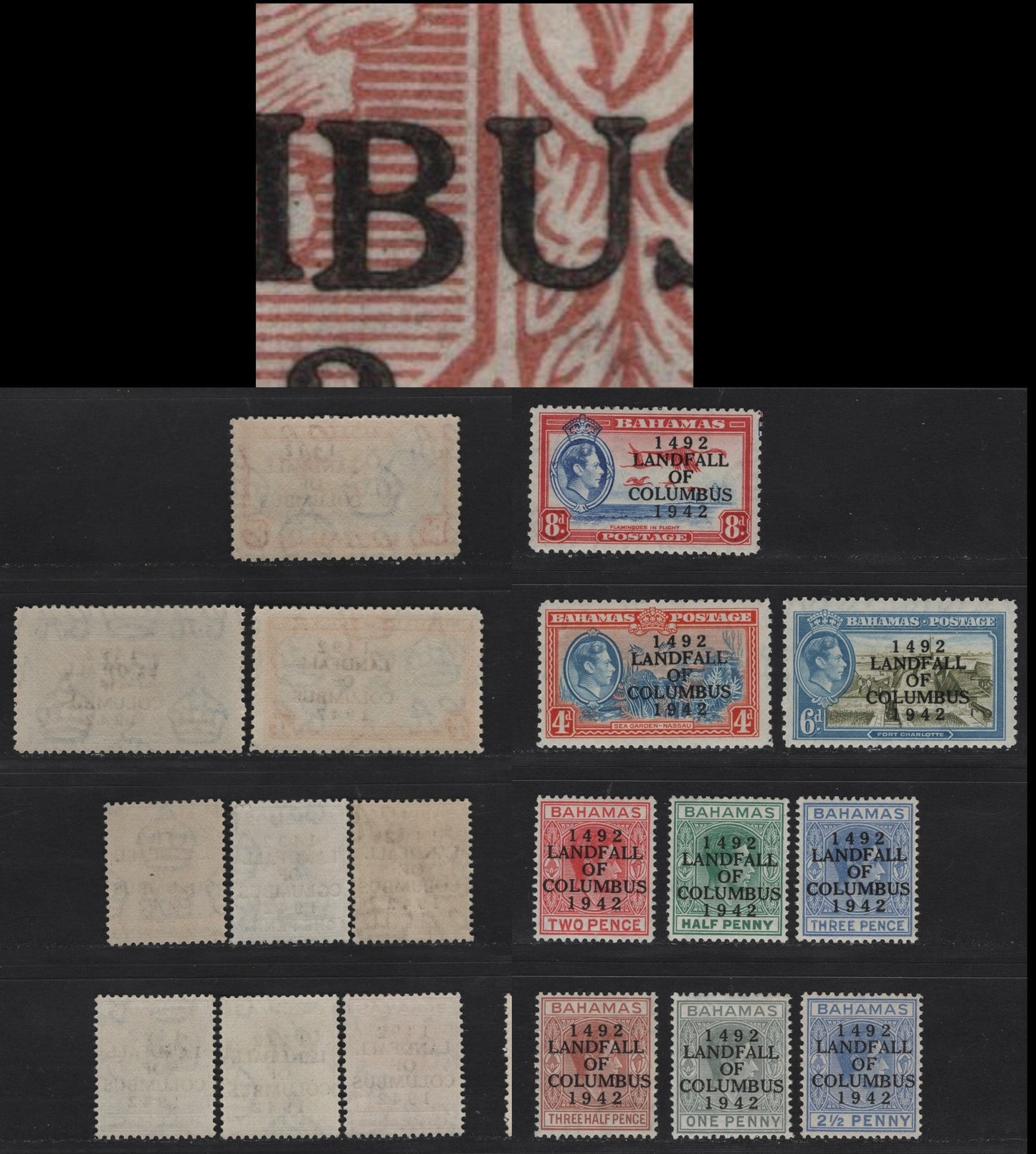 Lot 69 Bahamas SG#162-170 1.5d - 8d Green - Ultramarine King George VI, 1942 Columbus Overprinted Issue, 9 VFOG/NH Singles, All Except 1/2d & 1d Show Dropped 'B' in Columbus, Unlisted In Gibbons, 1/2d is NH.