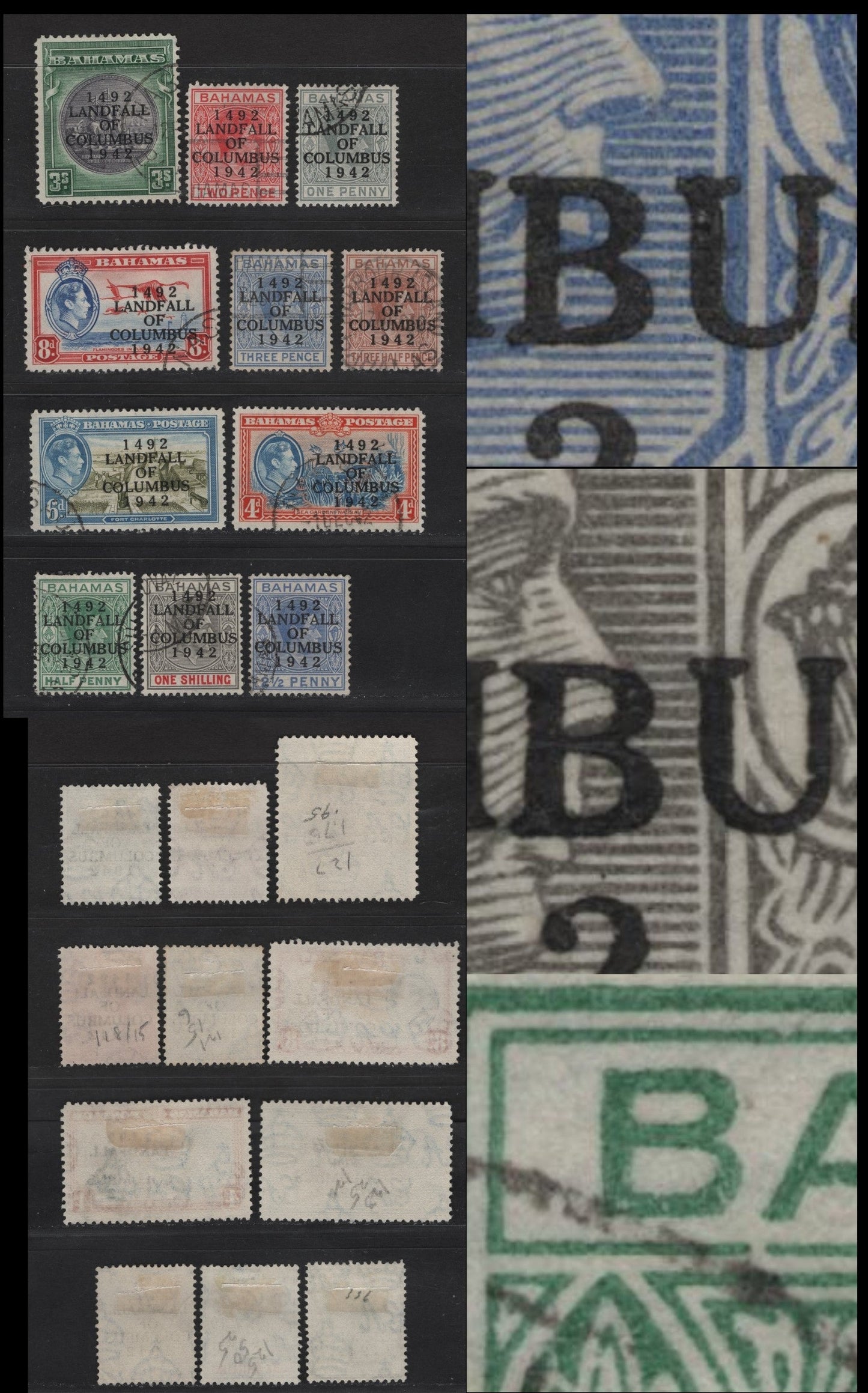 Lot 70 Bahamas SG#162-171, 173 1/2d - 1/- Green - Brownish Gray & Scarlet King George VI - Seal of the Colony, 1942 Columbus Overprinted Issue, 11 Fine/Very Fine Used Singles