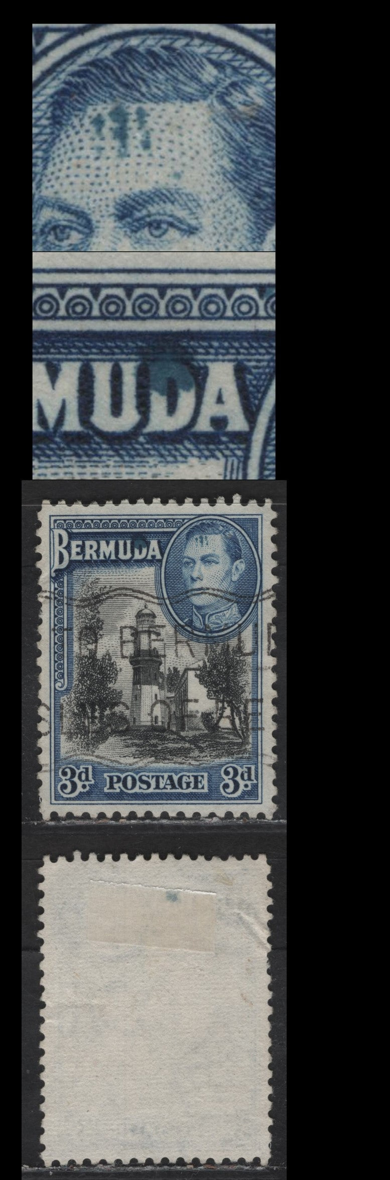 Lot 100 Bermuda SG#114avar 3d Black & Deep Blue St David's Lighthouse, 1938-1950 KGVI Pictorial Issue, A Fine Used Single, Comb Perf, Ink Smudges On King's Forehead & Short 'D' in Bermuda, Unlisted IN Gibbons.