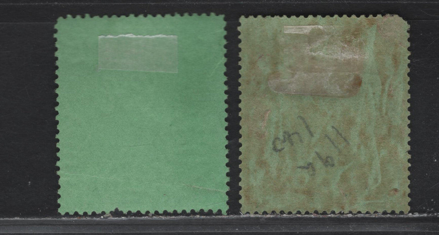 Lot 110 Bermuda SG#119a,e 10/- Bluish Green & Deep Red on Green - Green & Vermillion on Green King George VI, 1938-1953 KGVI Pictorial Issue, 2 Good/Fine Used Singles, Chalky Paper, 1939 Printing, Perf 13.25x13, Ordinary Paper