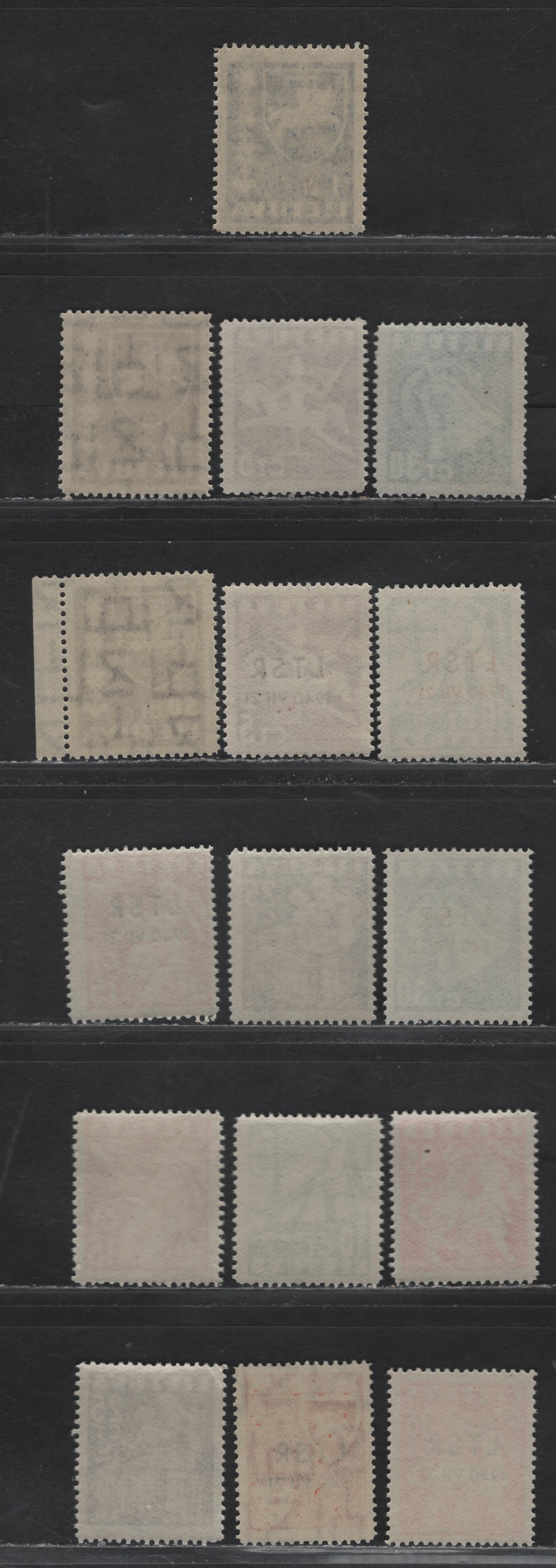 Lot 192 Lithuania SC#304-305, 317-322, 2N9-2N16 50c - 35c Brown - Red Orange Arms - Overprints, 1937-1940 Arms - Russian Occupation Overprinted Issues, 16 F/VFNH Singles