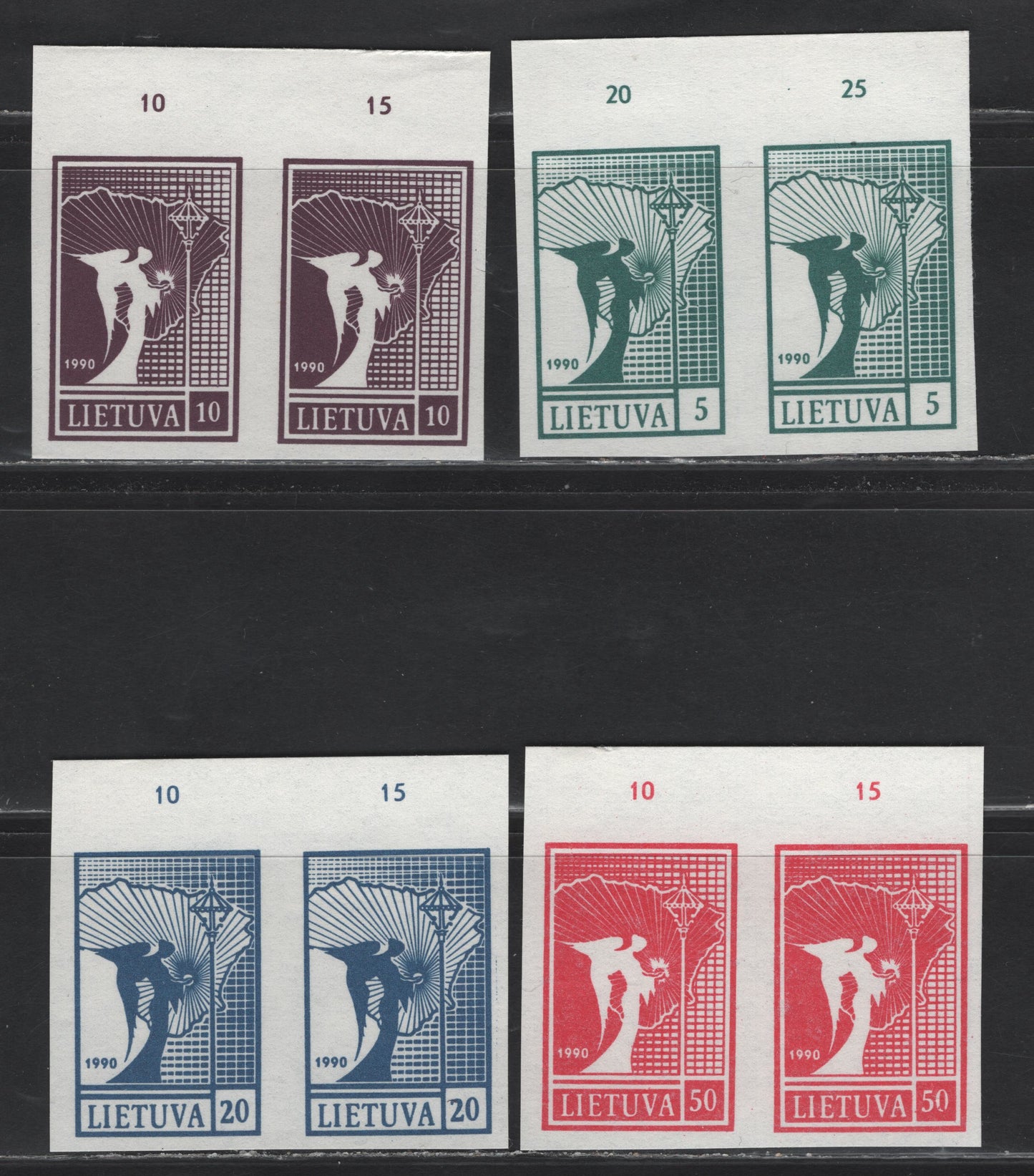Lot 197 Lithuania SC#371-374 5k - 50k Green - Red Angel & Map, 1990 Imperf Angel & Map Issue, 4 Very Fine Unused Pairs, Issued Without Gum, Counted In Selvedge