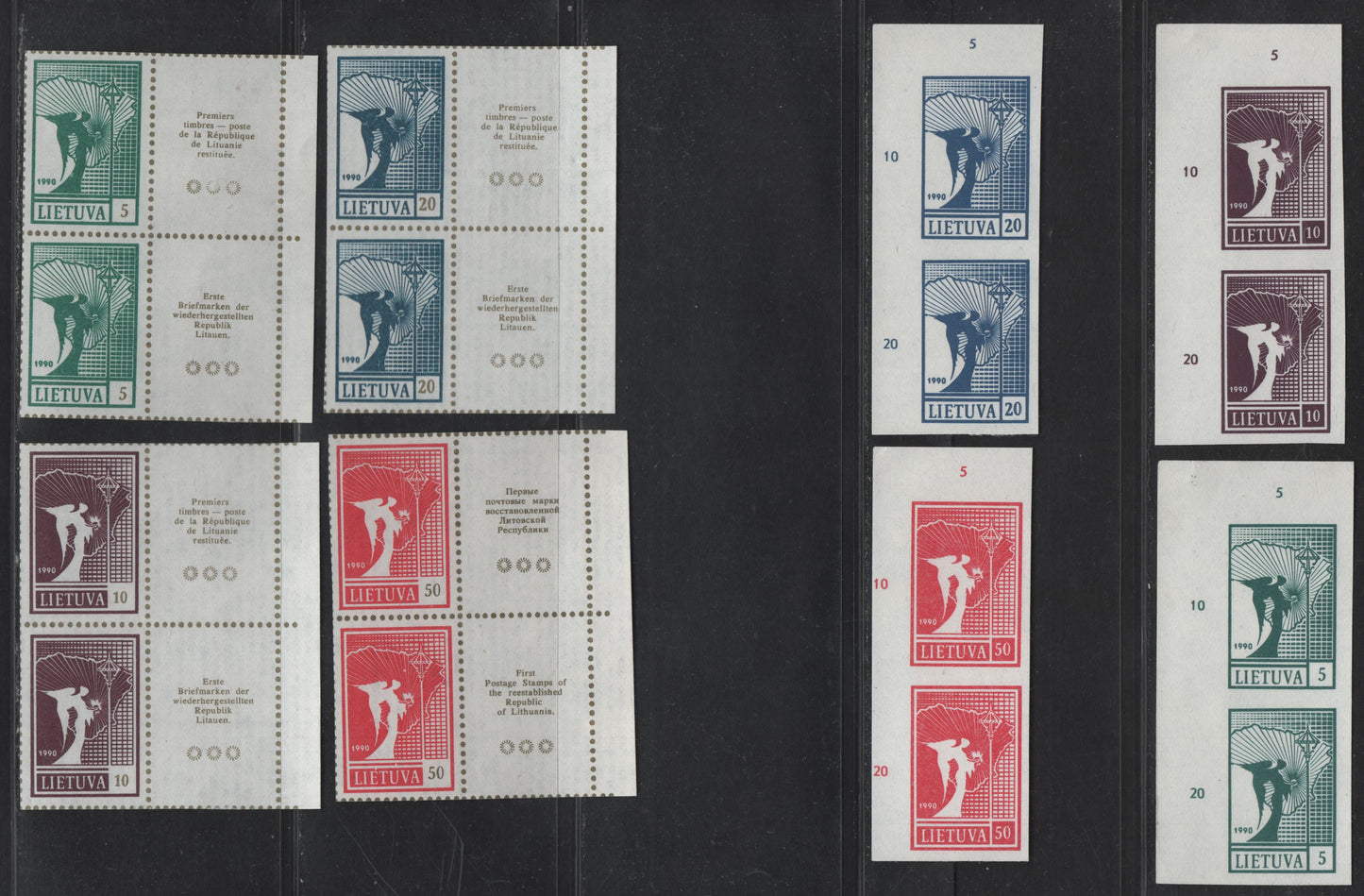 Lot 198 Lithuania SC#371-378 5k - 50k Green - Red Angel & Map, 1990 Angel & Map Issue, 8 Very Fine Unused Pairs, With & Without Perforations, Issued Without Gum, Vertical Pairs With Tabs or Selvedge Counters.