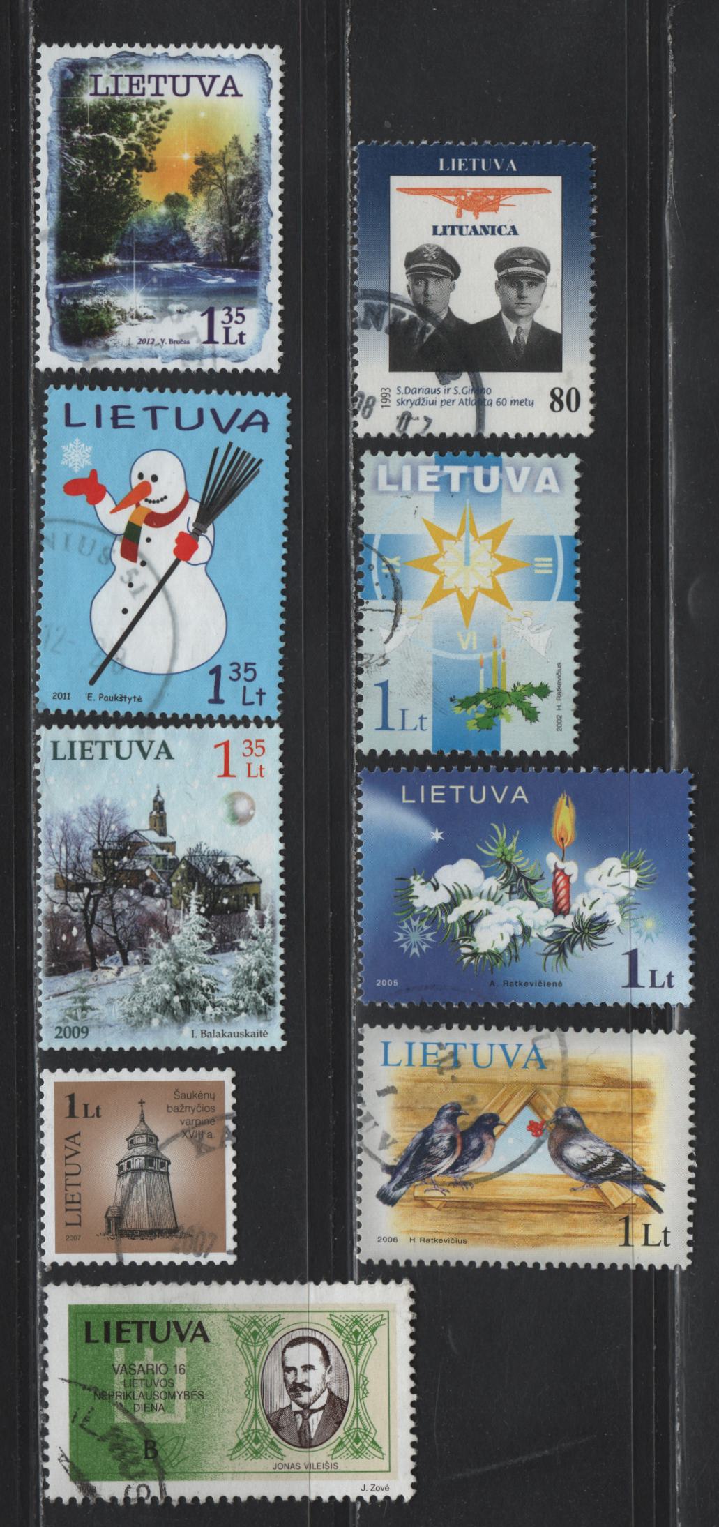 Lithuania SC#458, 441, 731, 801, 822, 827, 904, 955, 987 80c - 1.35l Multicolored , 1993-2012 Deaths of Darius & Girenas - Christmas Issues, 9 Very Fine Used Singles