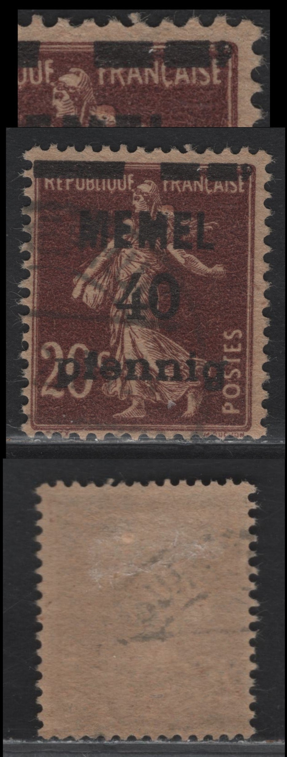 Lot 213 Memel Michel#22bIII (SC# 22var) 40pf on 20c Red Brown on Grayish Paper Sower, Peace & Commerce, 1920 Overprinted Sower Issue, A Fine Used Single, Showing Surcharge Bar At Upper Right, Broken in 2 Spots