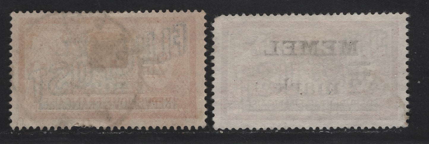 Lot 239 Memel SC#C4-C5 2m on 1fr - 4m on 2f Claret & Green - Orange & Pale Blue , 1921 Airmail Overprinted Issue, 2 Fine/Very Fine Used Singles , ,