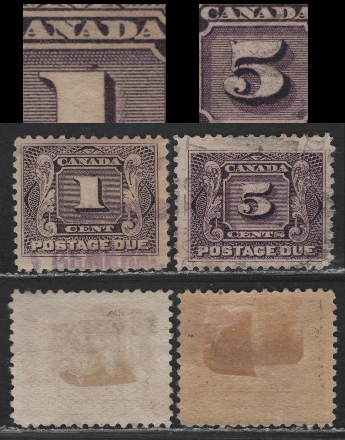 Lot 295 Canada #J1, J4var 1c - 5c Blackish Lilac - Deep Reddish Lilac Numeral, 1906-1928 Postage Dues, Fine Used Singles, Wet Printings, Each Showing Potentially Constant Plate Varieties, Unchecked As To Paper Types.