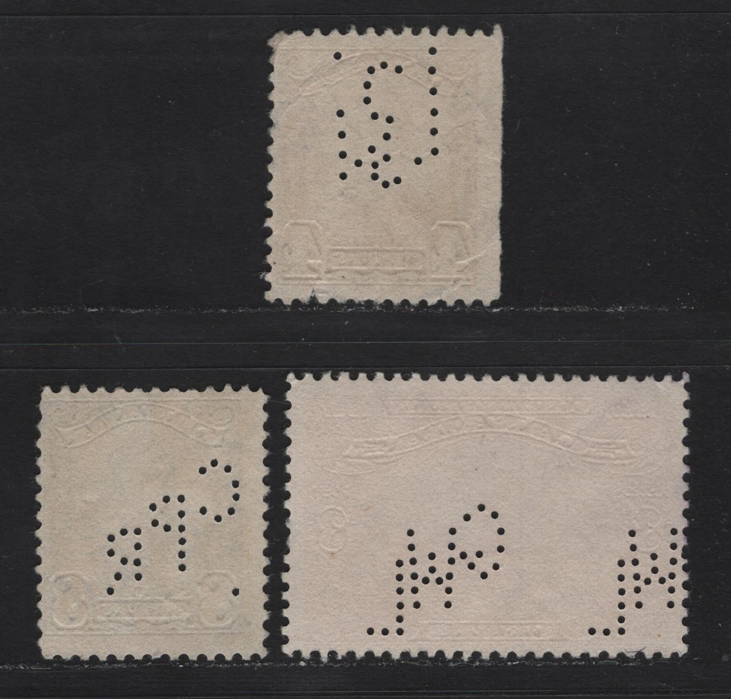 Lot 331 Canada #143, 152, 154 3c - 8c Carmine Red - Dark Blue Parliament Building - , 1927-1929 Confederation - Scroll Issues, Fine Used Singles, Great West Life, CPR & Inverted McClary Manufacturing Perfins