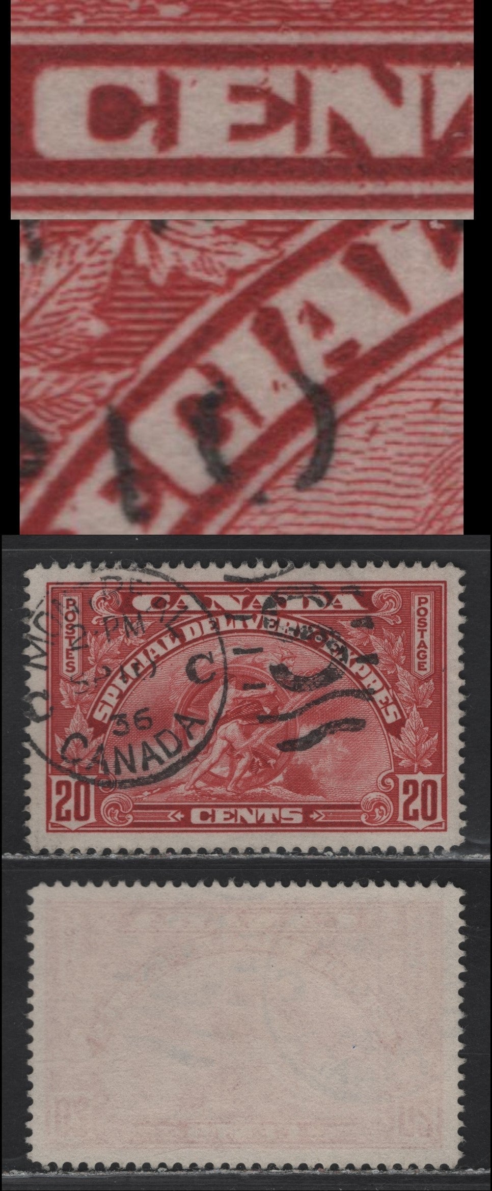 Lot 358 Canada #E6 20c Carmine , 1935 Special Delivery Issue, A Very Fine Used Single, Crisp Vertical Wove Paper With No Mesh, Transluscent, Showing Short Dashes In & Below 'IAL' of Special & CE of Cents, Sept 10 1936 Montreal Duplex Cancel.
