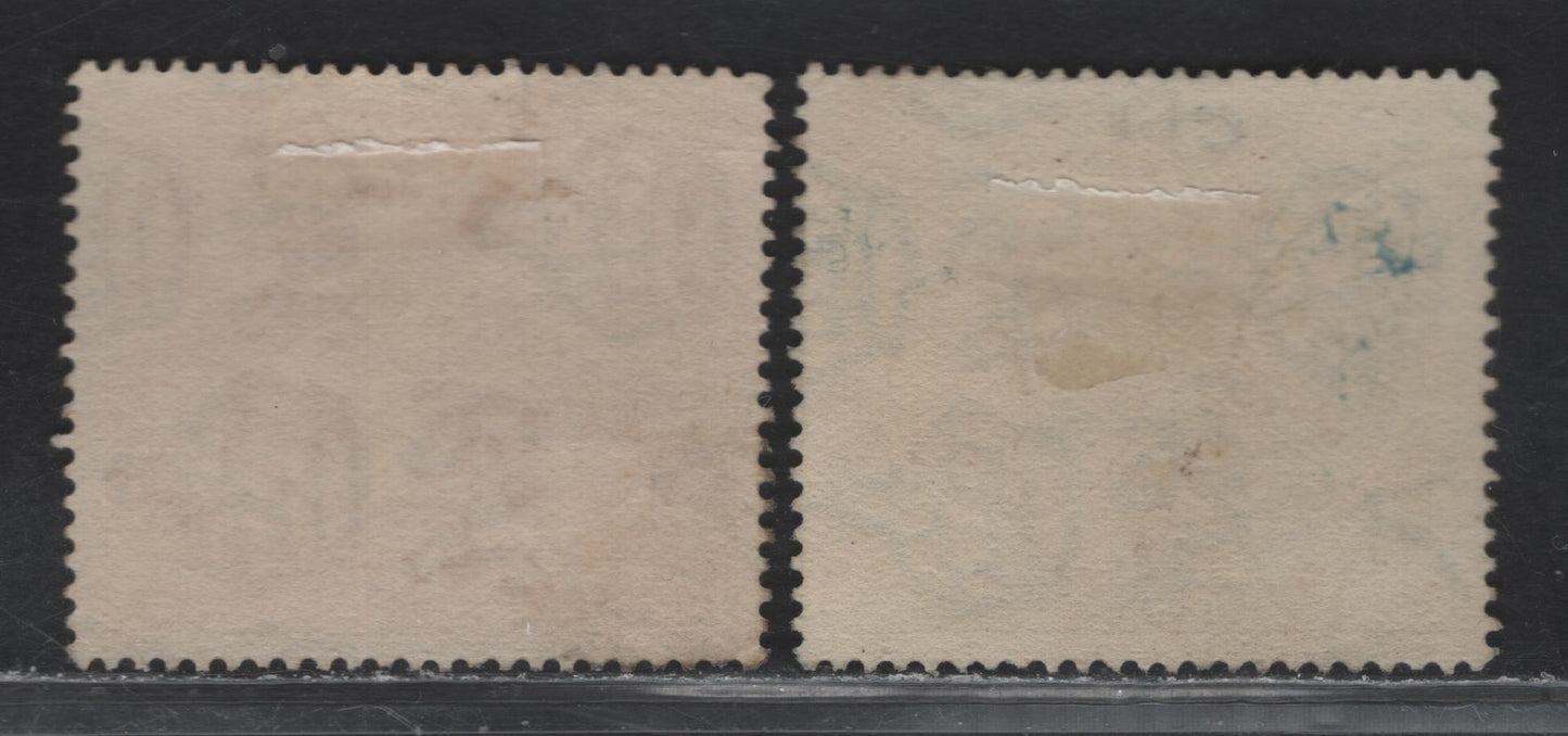 Lot 62 Bermuda SG#65-66 1d - 2.5d Carmine - Blue Representative Institutions, 1920-1921 Tercentenary of Representative Institutions Issue, 2 Fine/Very Fine Used Singles, 1d With Creased UR Corner Perf, Script CA Wmk