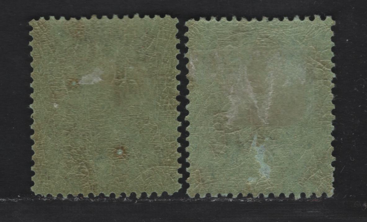 Lot 79 Bermuda SG#87-a 1/- Black on Emerald - Brownish Black on Yellow Green Caravel, 1922-1934 Caravel Definitive Issue, 2 VFOG Singles, Black on Ermald Is Comb Perf, The Other is Line Perf