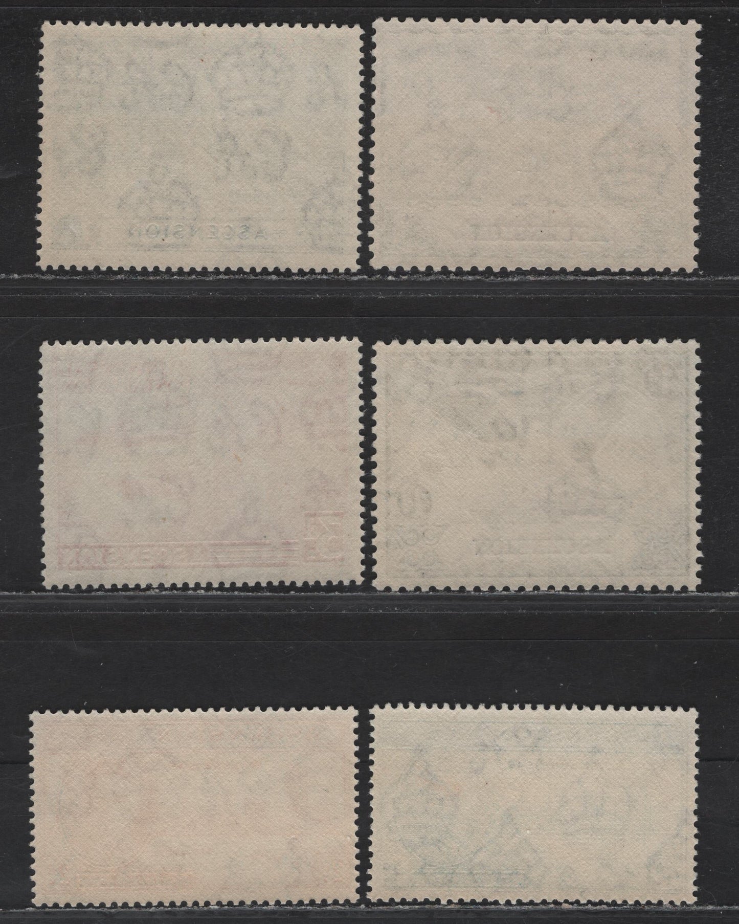 Lot 144 Ascension (C) SG#48-49, 52-55 2d - 1/- Red Orange - Blue Black , 1946-1949 Victory - UPU Issues, 6 VFNH Singles
