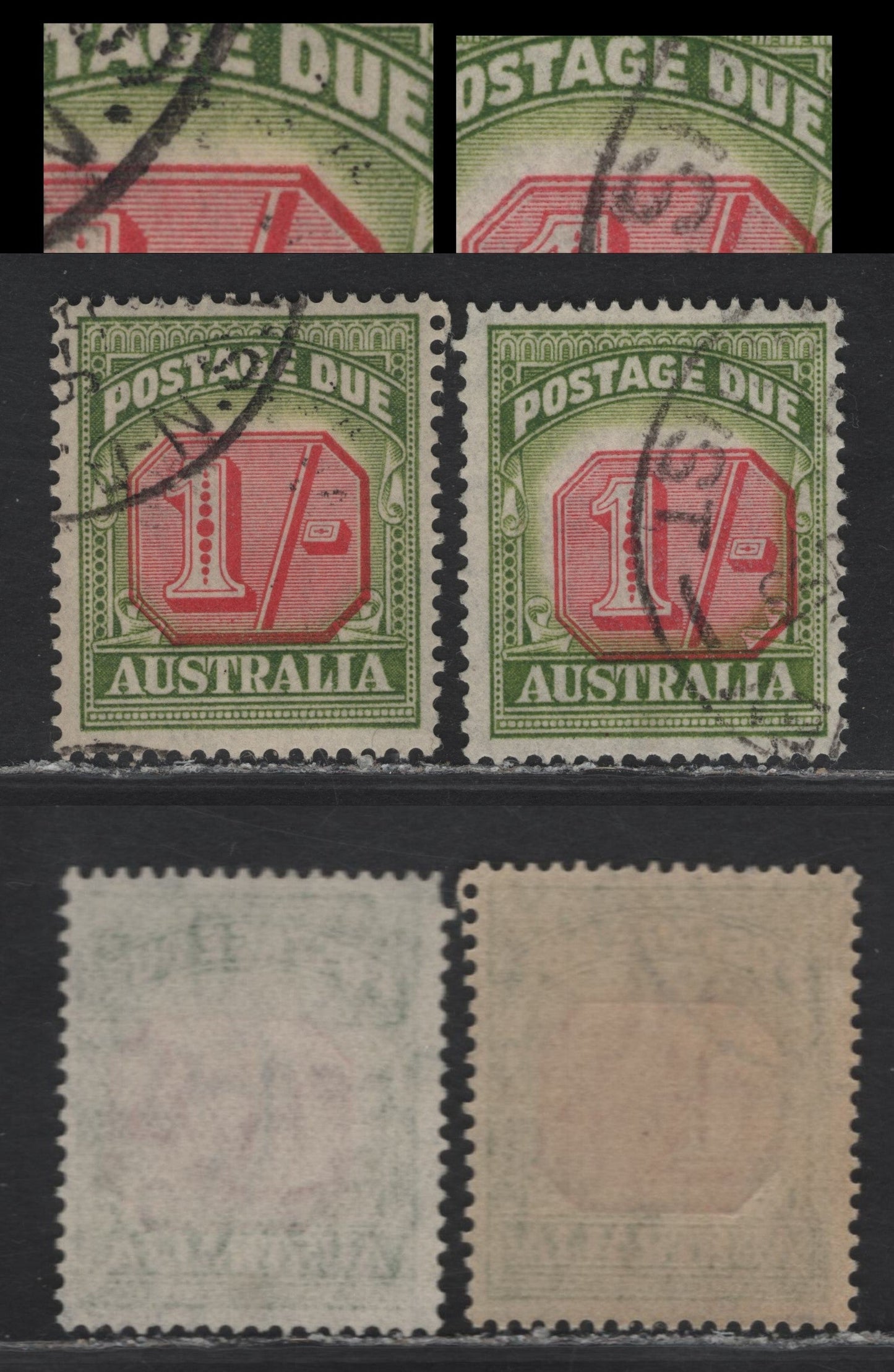 Lot 178 Australia SG#D128, D128var 1/- Deep Yellow Green & Red , 1946-1957 Postage Dues, 2 Very Fine Used Singles, Normal Example & One Showing A Significant Down-Rightward Shift Of Value Tablet