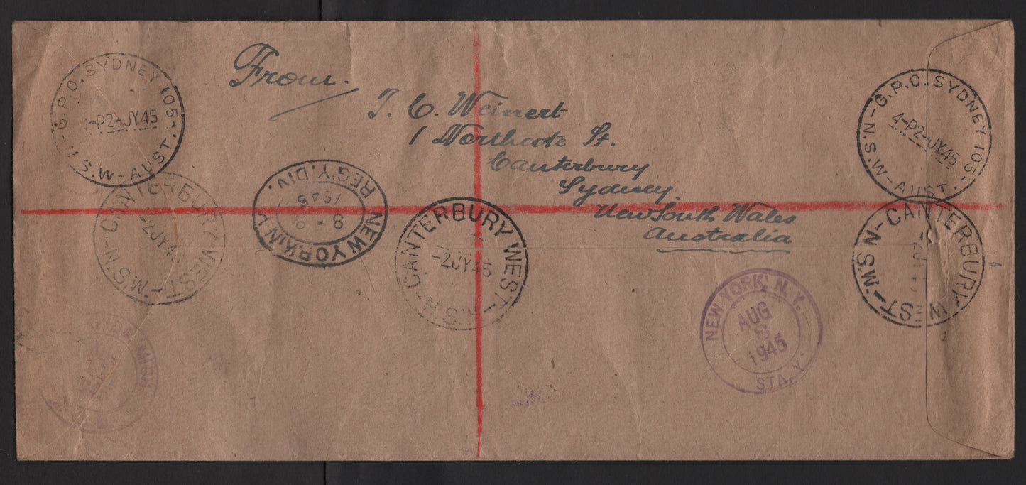 Lot 253 Australia SG#179, 206-207 1/2d - 3.5 Orange - Bright Blue , 1937-1950 Zoological - Portrait Issues, 3 Very Fine Used Singles, Franked On Cover, 1945 Forwarded Register To The US, Light Wear.