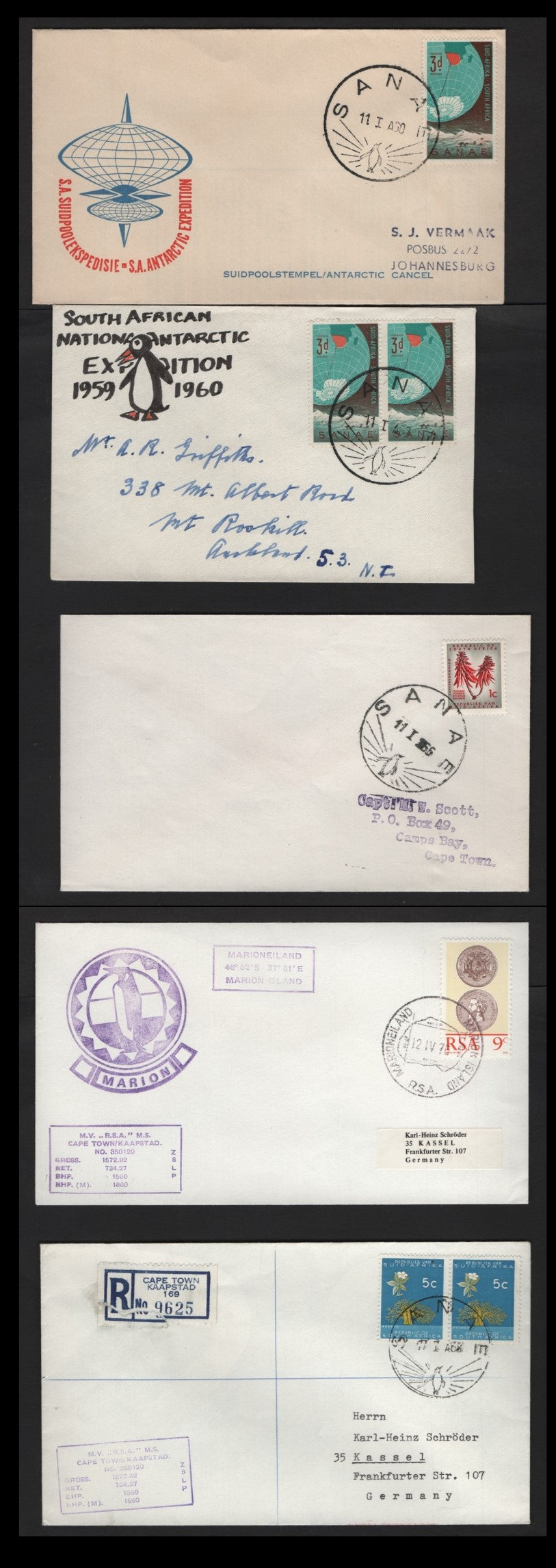 Lot 289 South Africa (C) 1960, 1966 & 1976 Polar Expedition Covers, 5 Very Fine Used Covers, All Cancelled Either Saneve Or Marion Island