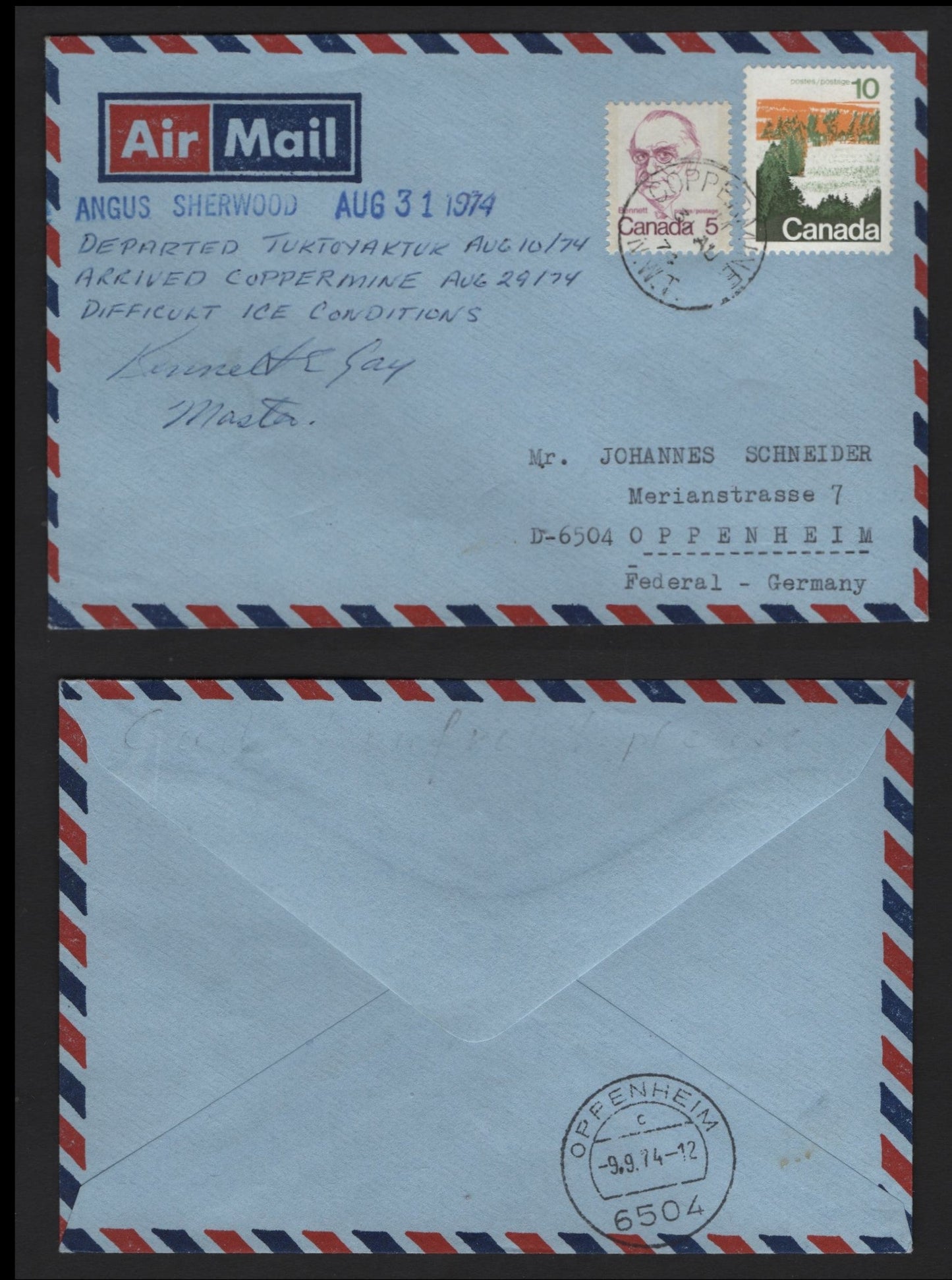 Lot 302 Canada © 1974 Angus Sherwood Tugboat, A Very Fine Used Cover, Sent To Germany, Franked With 5c+10c Caricature To Pay 15c Airmail Rate To Germany