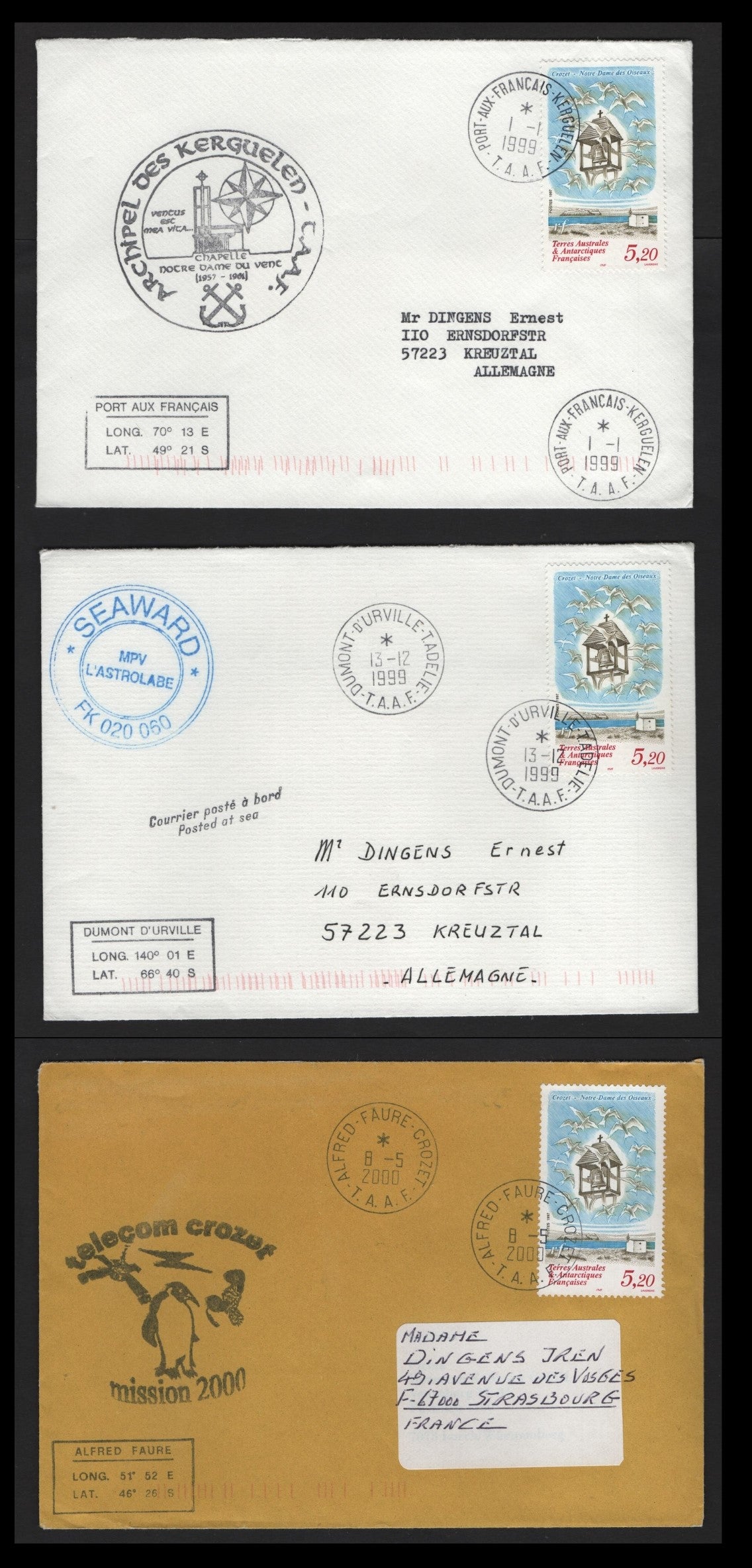 Lot 309 FSAT (C) 1999-2000 Polar Expedition, 3 Very Fine Used Covers, FSAT Covers, Same Frankings But Different Cachets, Sealed.