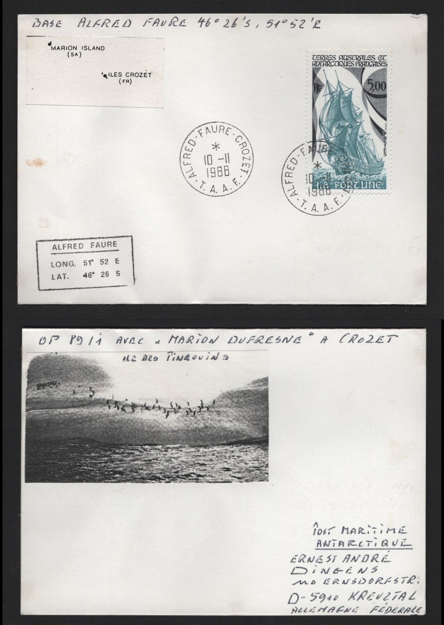 Lot 311 FSAT (C) 1988 Crozet Island, A Very Fine Used Cover, Addressed On Reverse To France, Cut & Paste Cachet Showing TheLocation Of The Island Relative To Marion