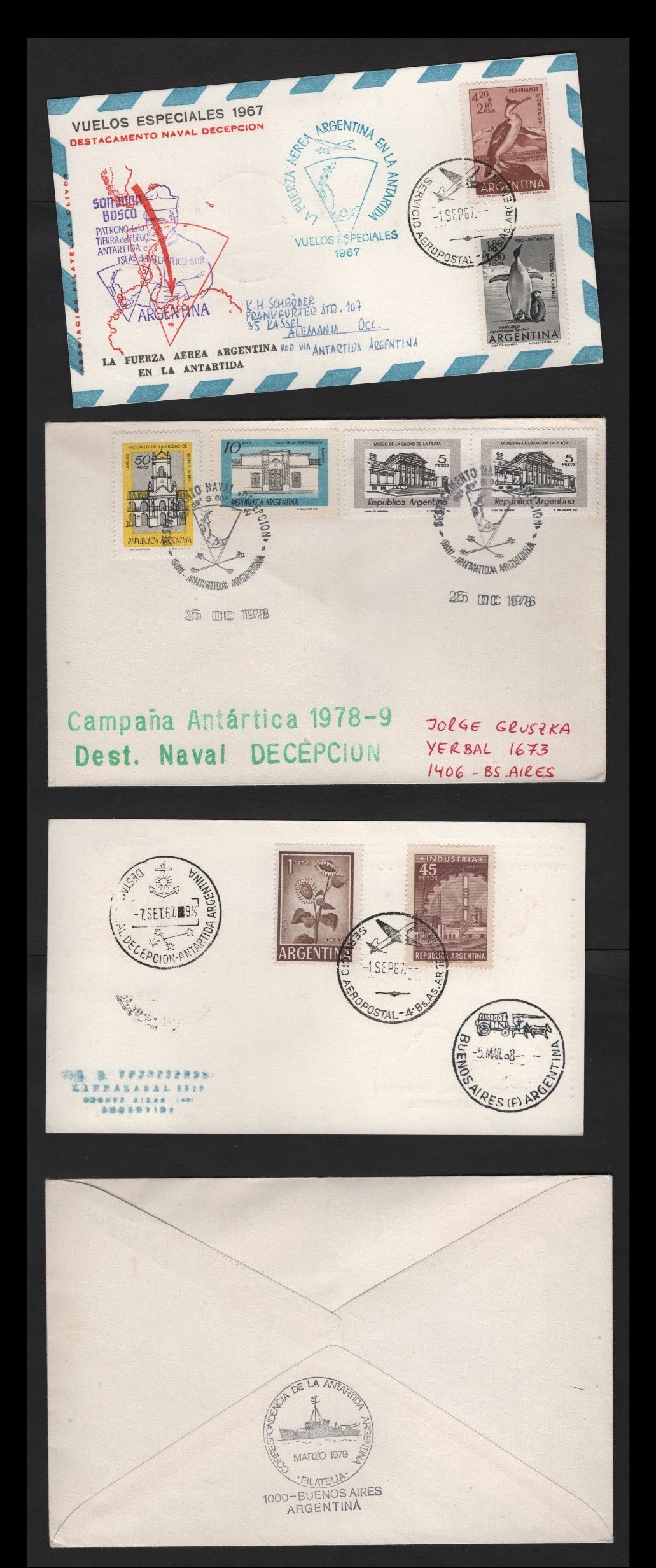 Lot 316 Argentina (C) 1967 & 1976 Destroyer Naval Deception, 2 Very Fine Used Covers, First One Sent From Argentinian Base & Arrives In Buenos Aires 4 Months Later, Second Is Unsent