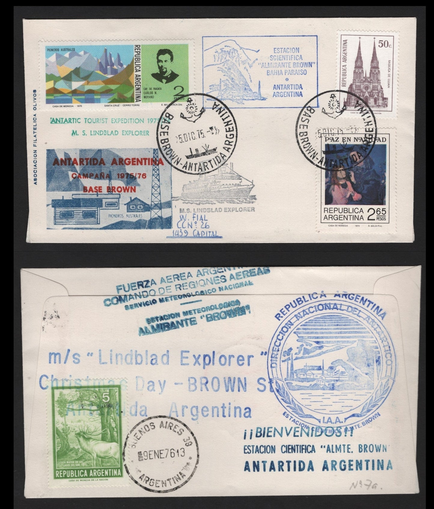 Lot 317 Argentina (C) 1975 Base Brown Antarctic Tourist Expedition, A Very Fine Used Cover, Sent From Base Brown On Christmas Day 1975, Appropriate Cachets On Front & Back, Nov. 1976 Buenos Aires Receiving Backstamp.