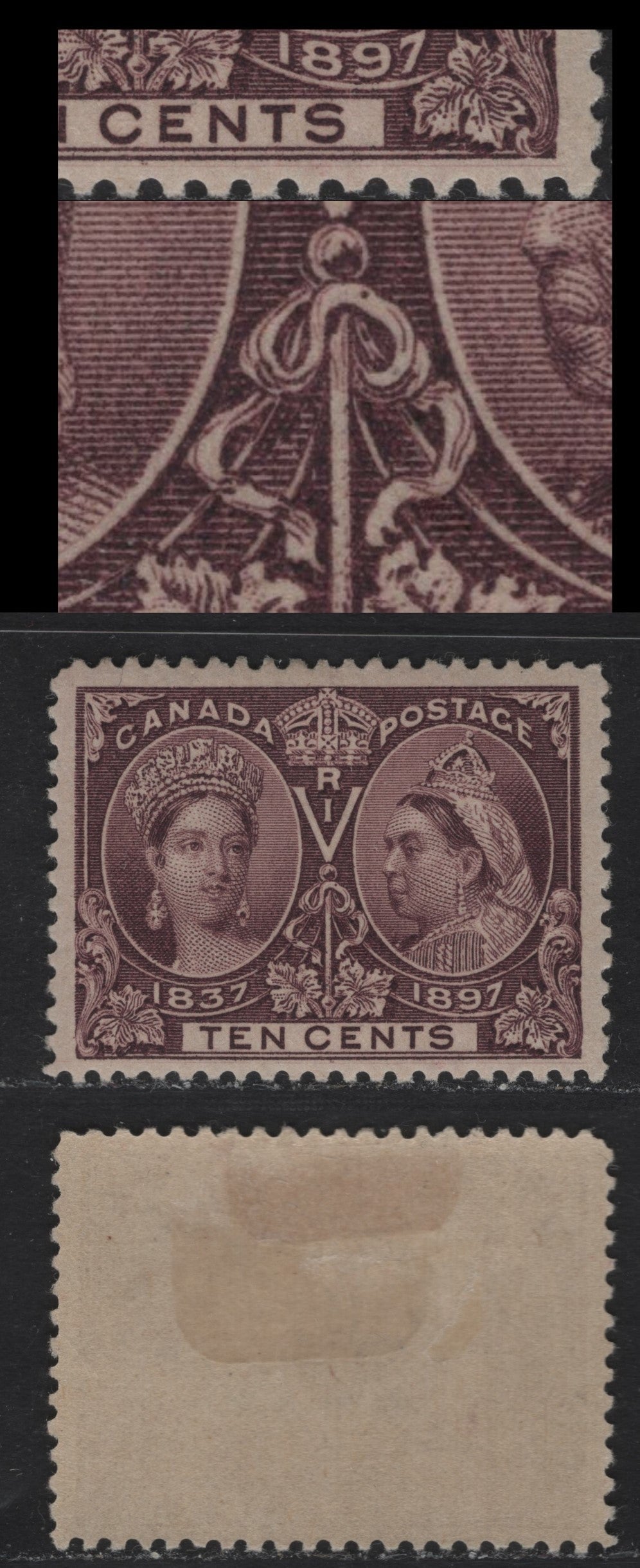 Lot 329 Canada (C)#57 10c Brown Violet Queen Victoria, 1897 Diamond Jubilee Issue, A VFOG Single, ABN-W Paper, Perf 12, Showing Dot In Central Ribbon & Light Horizontal Guideline In Lower Margin.