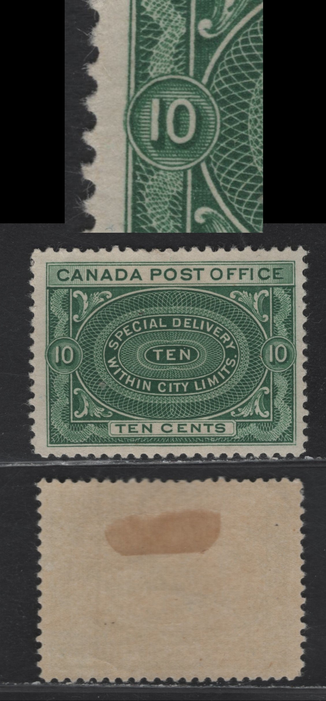 Lot 16 Canada (C) #E1a 10c Green , 1898 Special Delivery Issue, A VFOG Single, ABN-RRRR Paper, Perf 12x11.9, 31.25x23mm Design, Showing Re-Entry of the Outer Left Value Tablet.