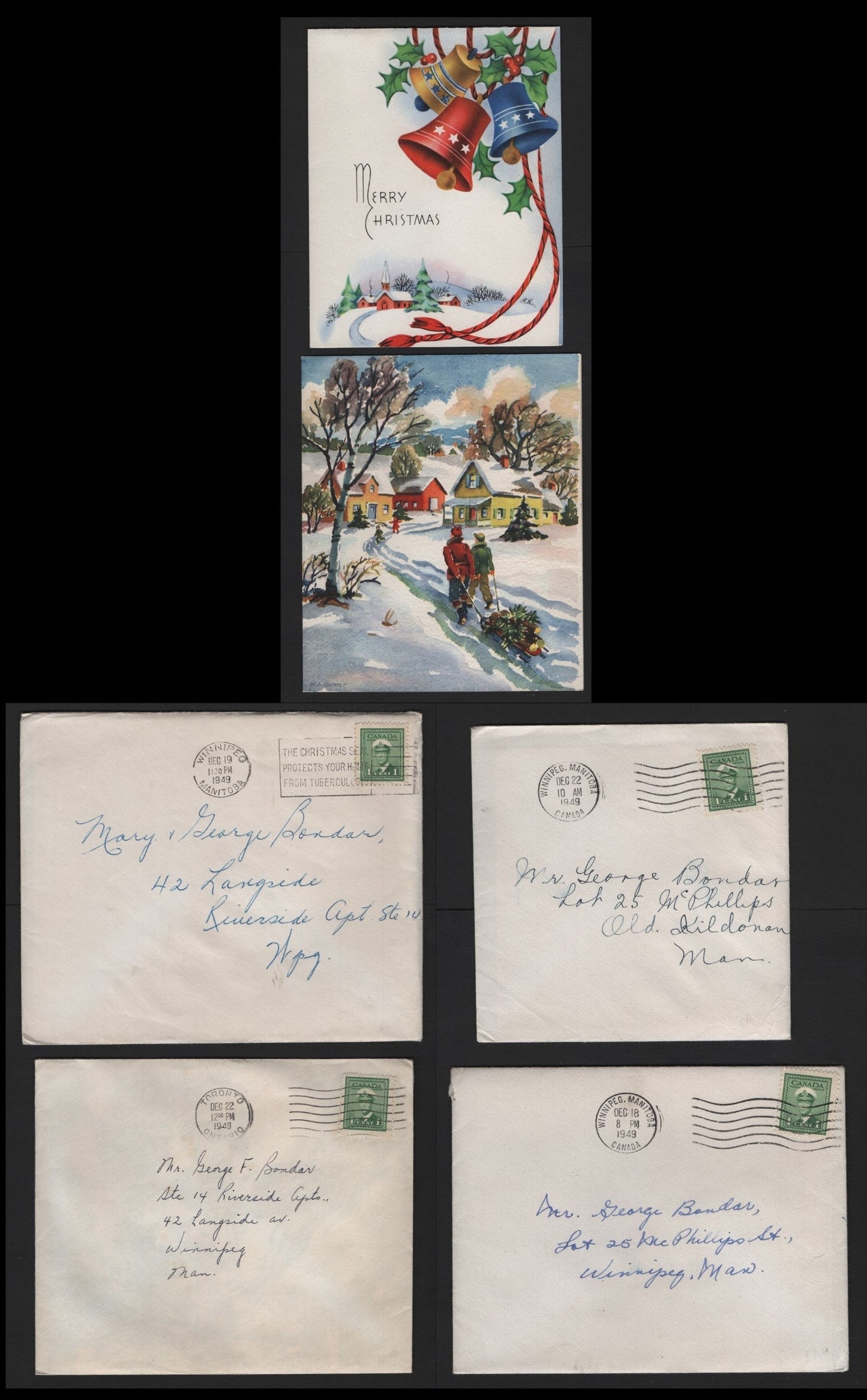 Lot 102 Canada #249 1c Green , 1942-1943 KGVI War Issue, 4 Fine Covers, Domestic Unsealed Envelopes, Containing A Christmas Card From 1949, Same Addresee In Winnipeg, 3 Sent Locally, One From Toronto.