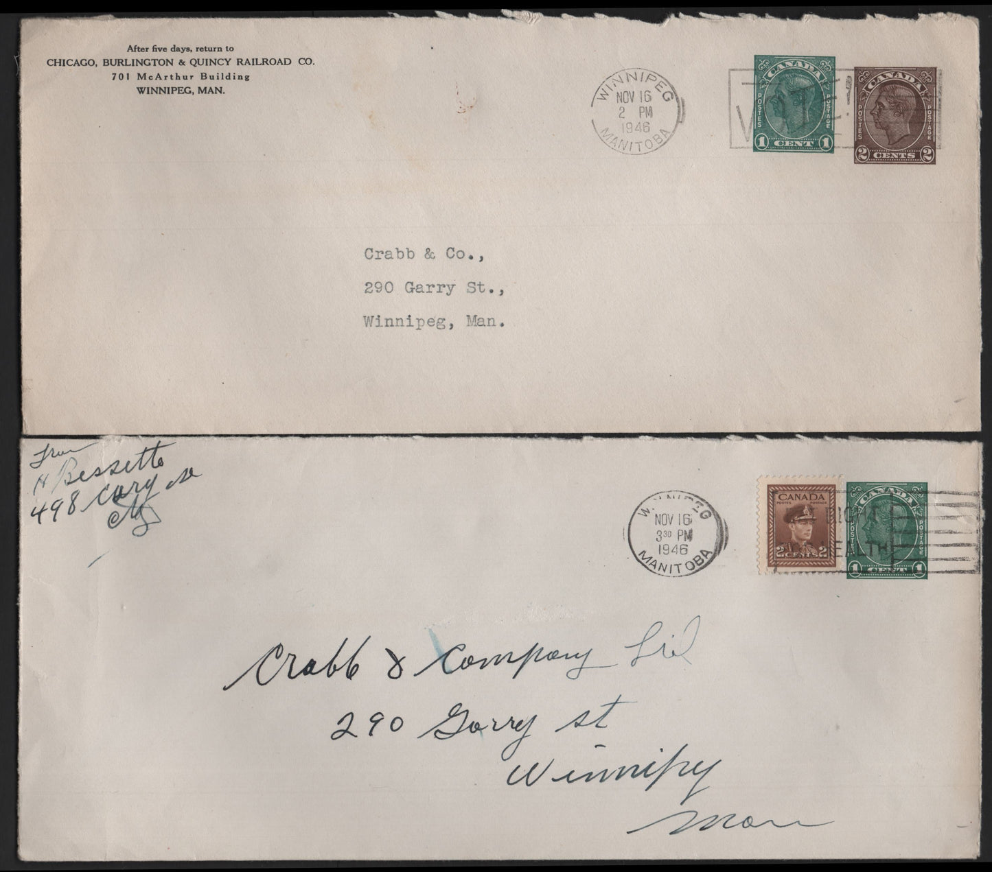 Lot 107 Canada #U49a, U57a 1c - 1c + 2c Green - Green & Brown , Postal Stationary Envelopes, 2 Fine/Very Fine Used Envelopes, Sent Locally Within Winnipeg In 1946