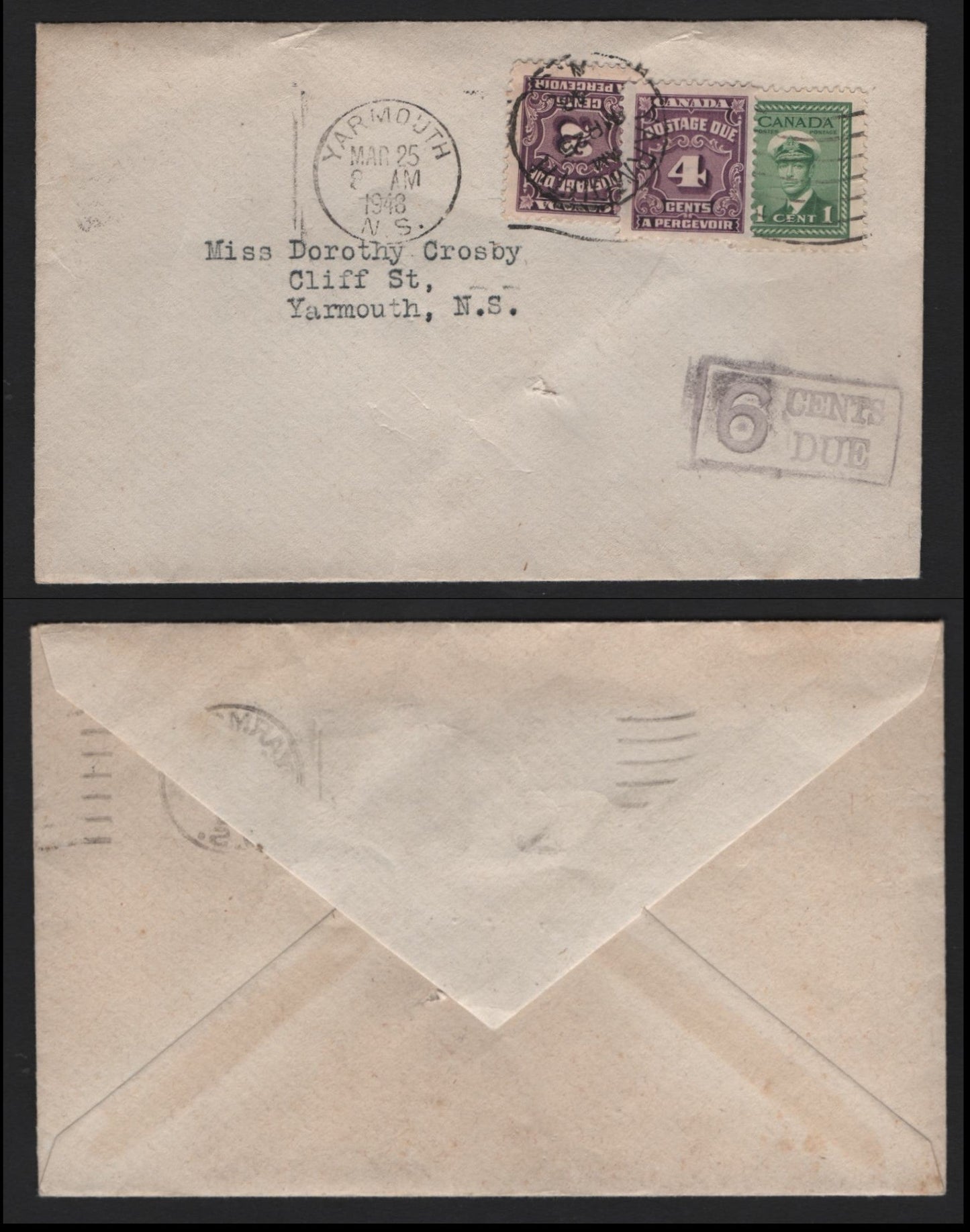 Lot 113 Canada #249, J16-J17 1c - 4c Green - Purple , 1942-1965 War - Postage Dues, A Fine Cover, Franked With 3 Singles, Shortpaid 4c Local Cover Sent Within Yarmouth