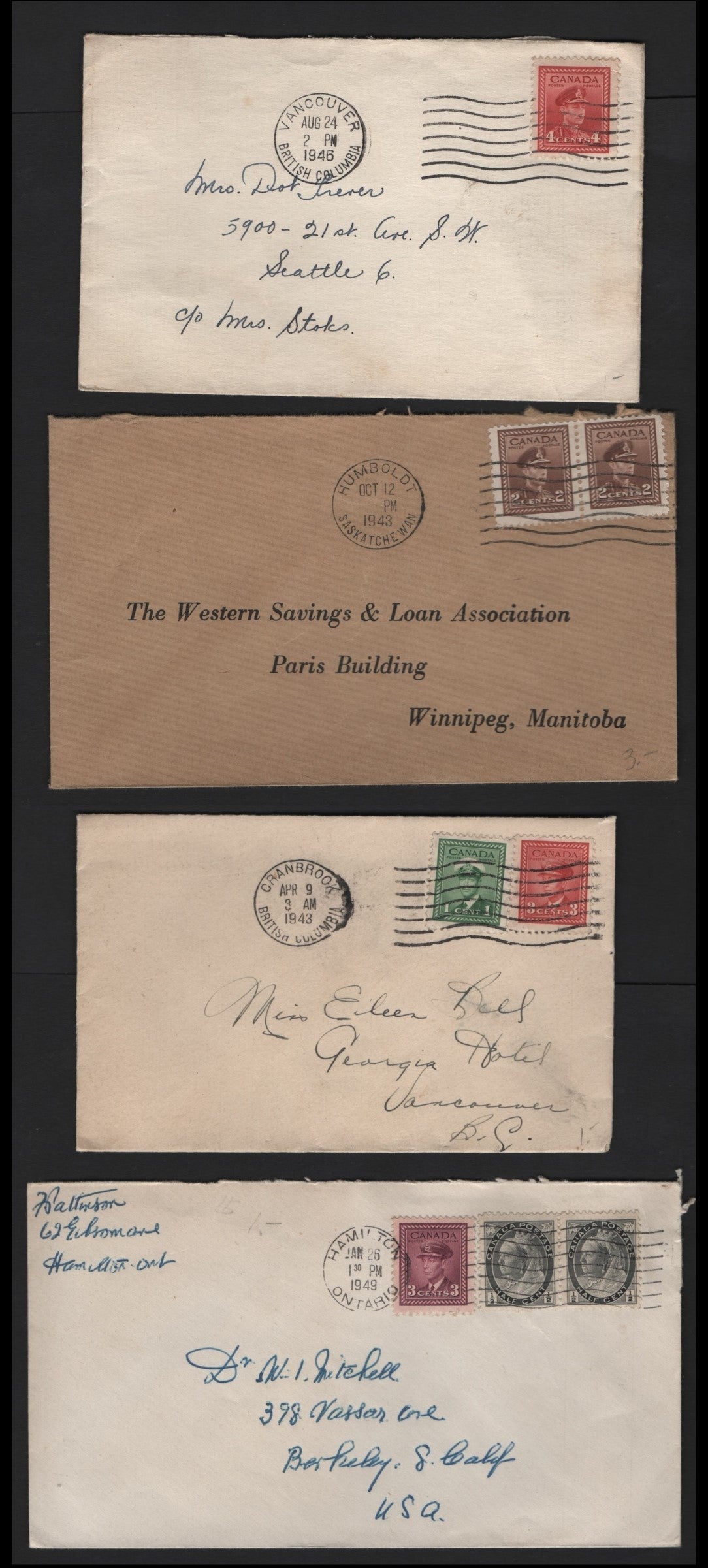 Lot 115 Canada #249-252, 254, 74 1/2c - 4c Gray Black - Carmine , 1942-1943 KGVI War Issue, 4 Very Fine Covers, 4c Local Domestic & US Rate Covers, Sent Between April 1943 & January 1949