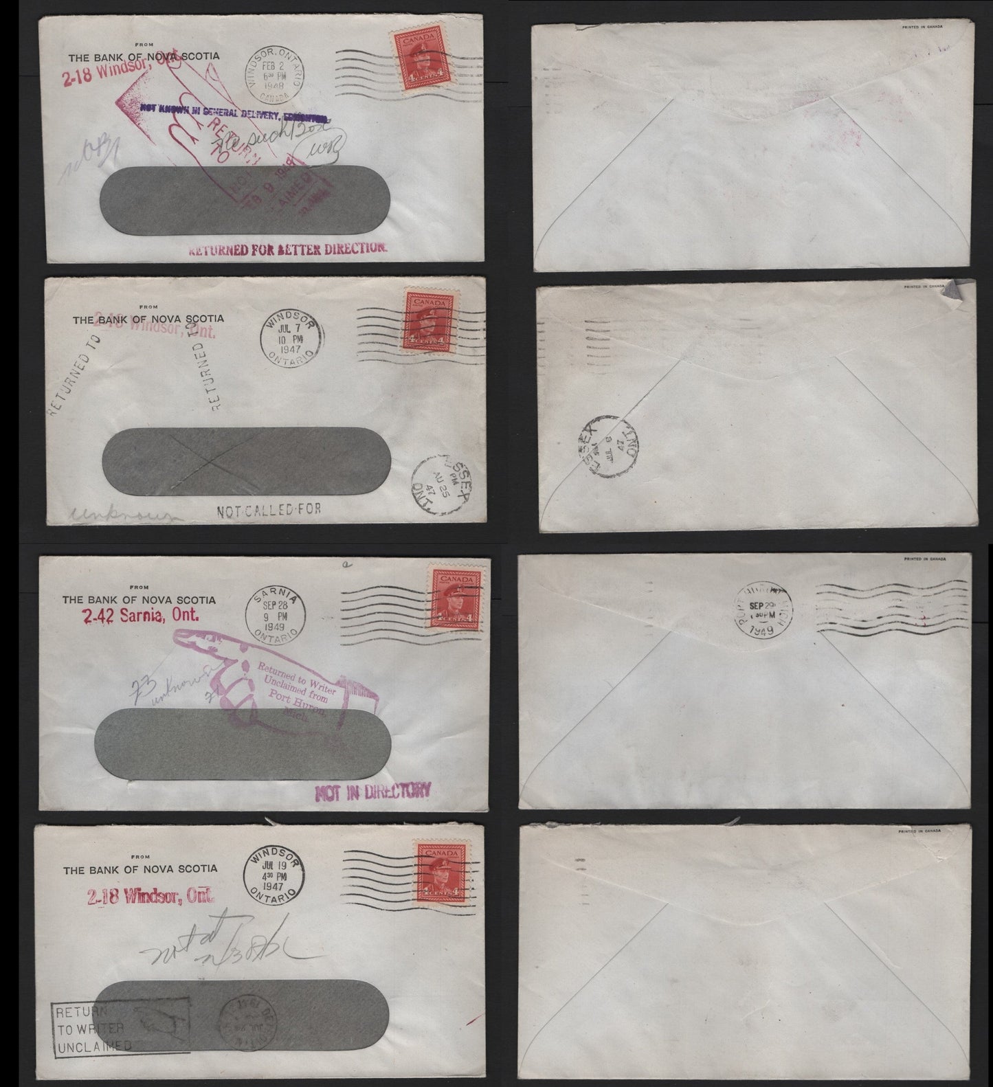 Lot 119 Canada (C) #254 4c Carmine , 1942-1943 KGVI War Issue, 4 Very Fine Covers, Returned Bank of Nova Scotia Covers, Originating from Sarnia & Windsor, Each Bearing Different Return Markings.
