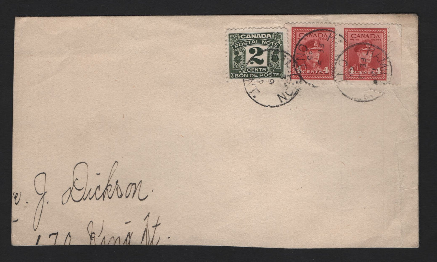 Lot 125 Canada #254, FPS4 2c - 4c Olive Green - Carmine , 1942-1943 KGVI War & Postal Script Issues, A Fine/Very Fine Used Envelope Corner Fragment, Franked With 2 4c & 1 2c Postal Note Paying 10c Postage