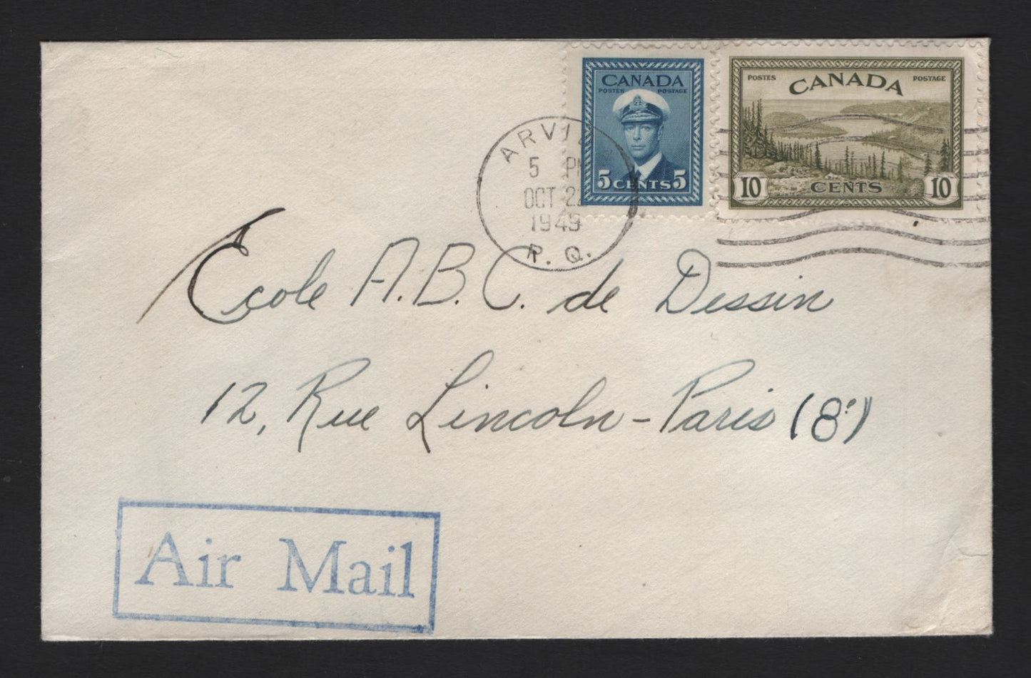 Lot 128 Canada #255, 269 5c - 10c Blue - Olive Green , 1942-1946 KGVI War & Peace Issues, A Very Fine Cover, Small 1949 Airmail Cover From Aruida, PQ To Paris, France, Paying The 15c Airmail Rate to Europe