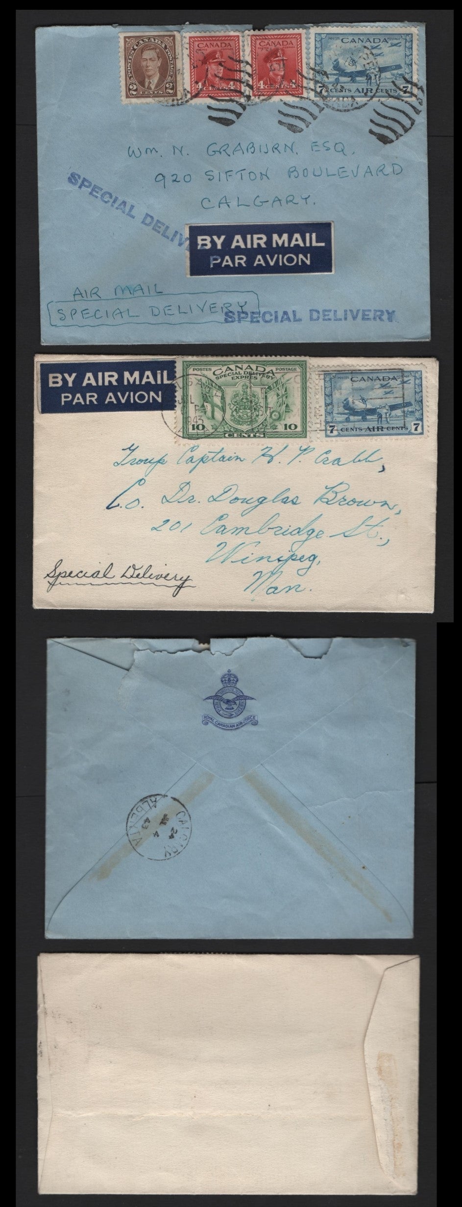 Lot 129 Canada #232as, 254, 257, C8, E10 2c - 7c Brown - Blue , 1937-1942 Mufti - Special Delivery Issues, 2 Fine/Very Fine Covers, Sent Form Winnipeg To Calgary & Calgary to Winnipeg, Franked With 17c Postage, Sent July 2 1943 & July 4th 1943.