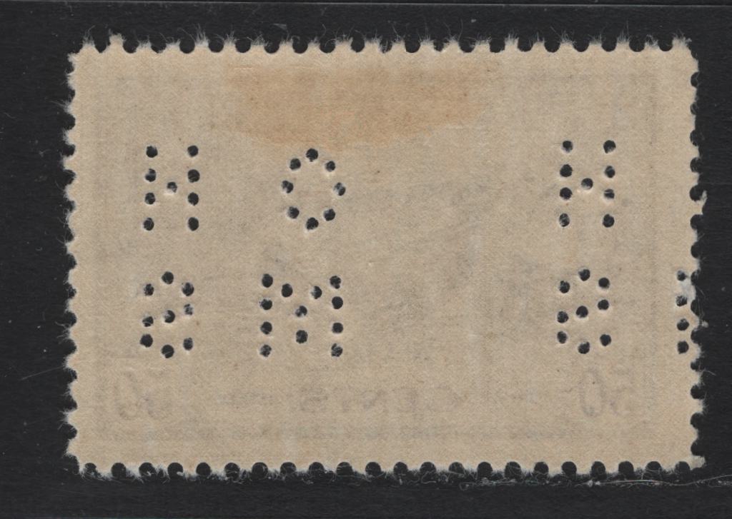 Lot 208 Canada (C) #O10-261 50c Violet Munitions Factory, 1942-1943 KGVI War Issue, A FOG Single, CBN-UUUU Paper, Perf 12x11.9, 4-Hole OHMS Perfin, Revised Die From POS. 1.