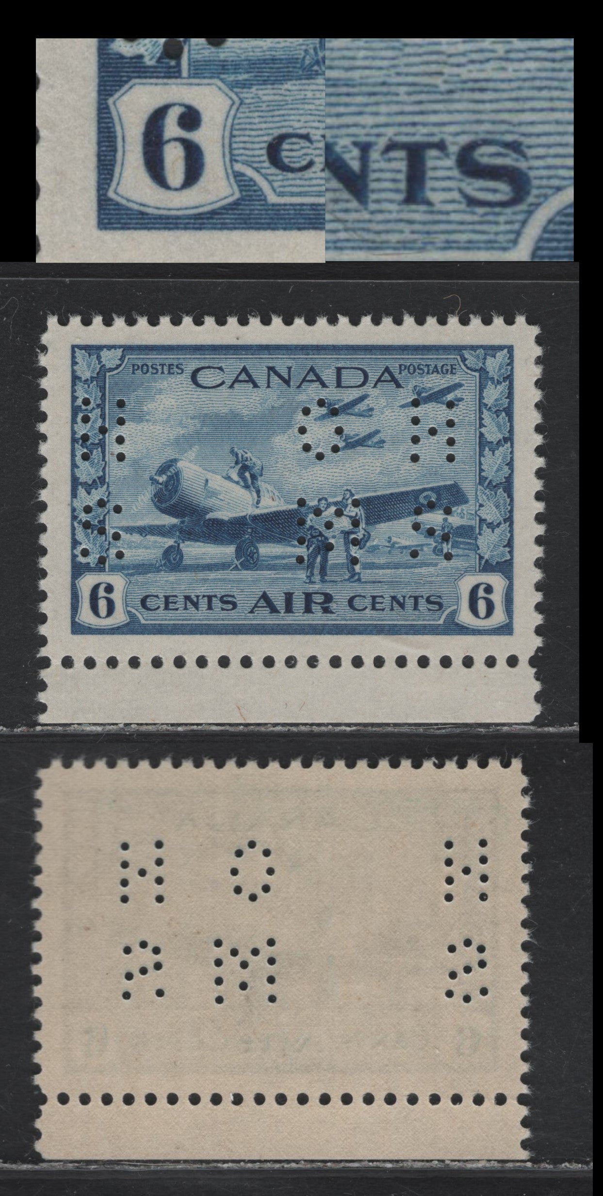 Lot 234 Canada (C) #O9-C7var 6c Bright Blue Air Training Plan, 1942-1943 Airmail War Issue, A VFNH Single, CBN-FFFF Paper, Perf 11.95 x 12, 4-Hole OHMS Perfin, Original Die POS. 1, Showing Missing Bottom Pin On 'S'.