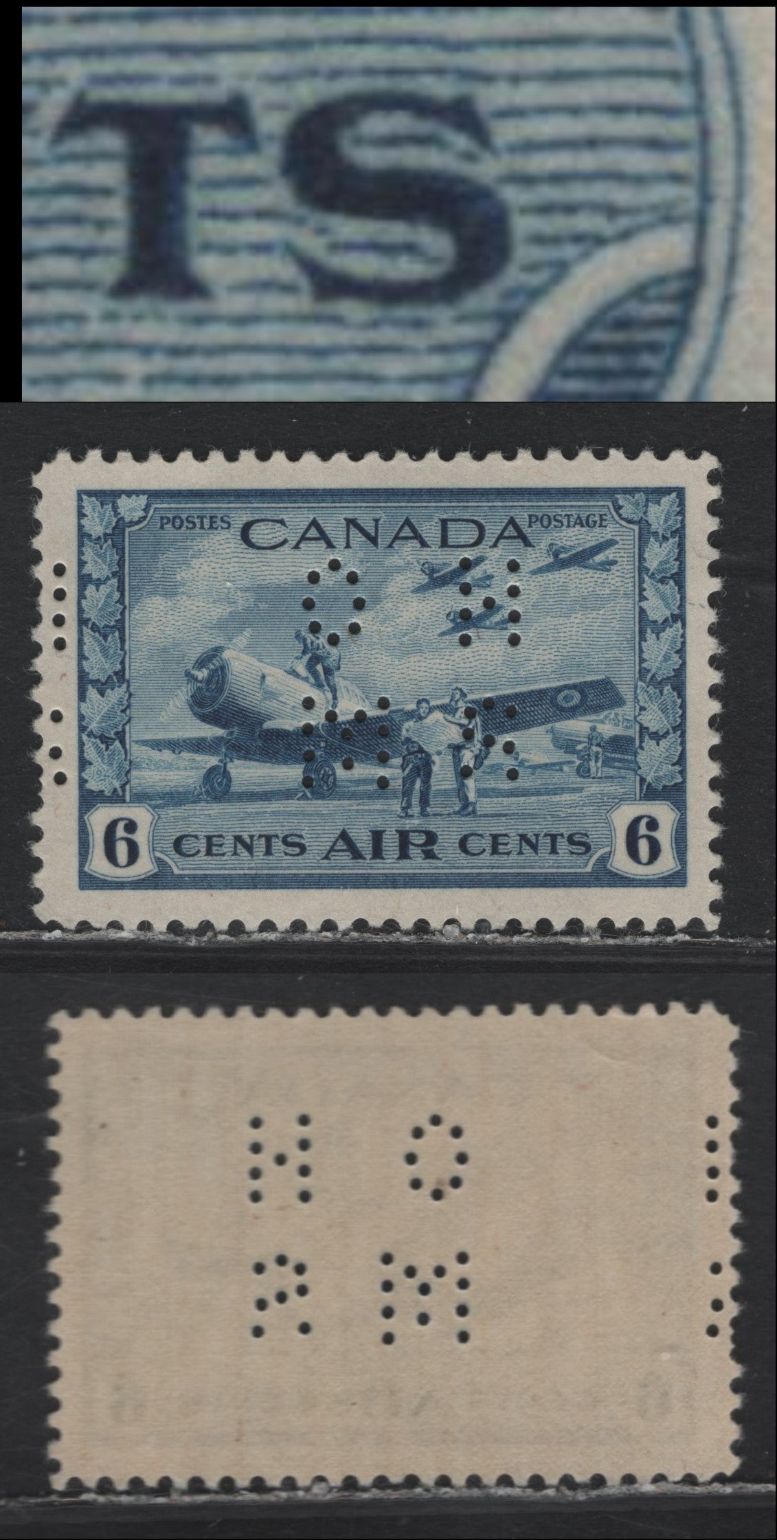 Lot 235 Canada (C) #O9-C7var 6c Prussian Blue Air Training Plan, 1942-1943 Airmail War Issue, A FNH Single, CBN-GGGGG Paper, Perf 11.9x12, 4-Hole OHMS Perfin, Original Die POS. 1, Showing Missing Bottom Pin On 'S'.