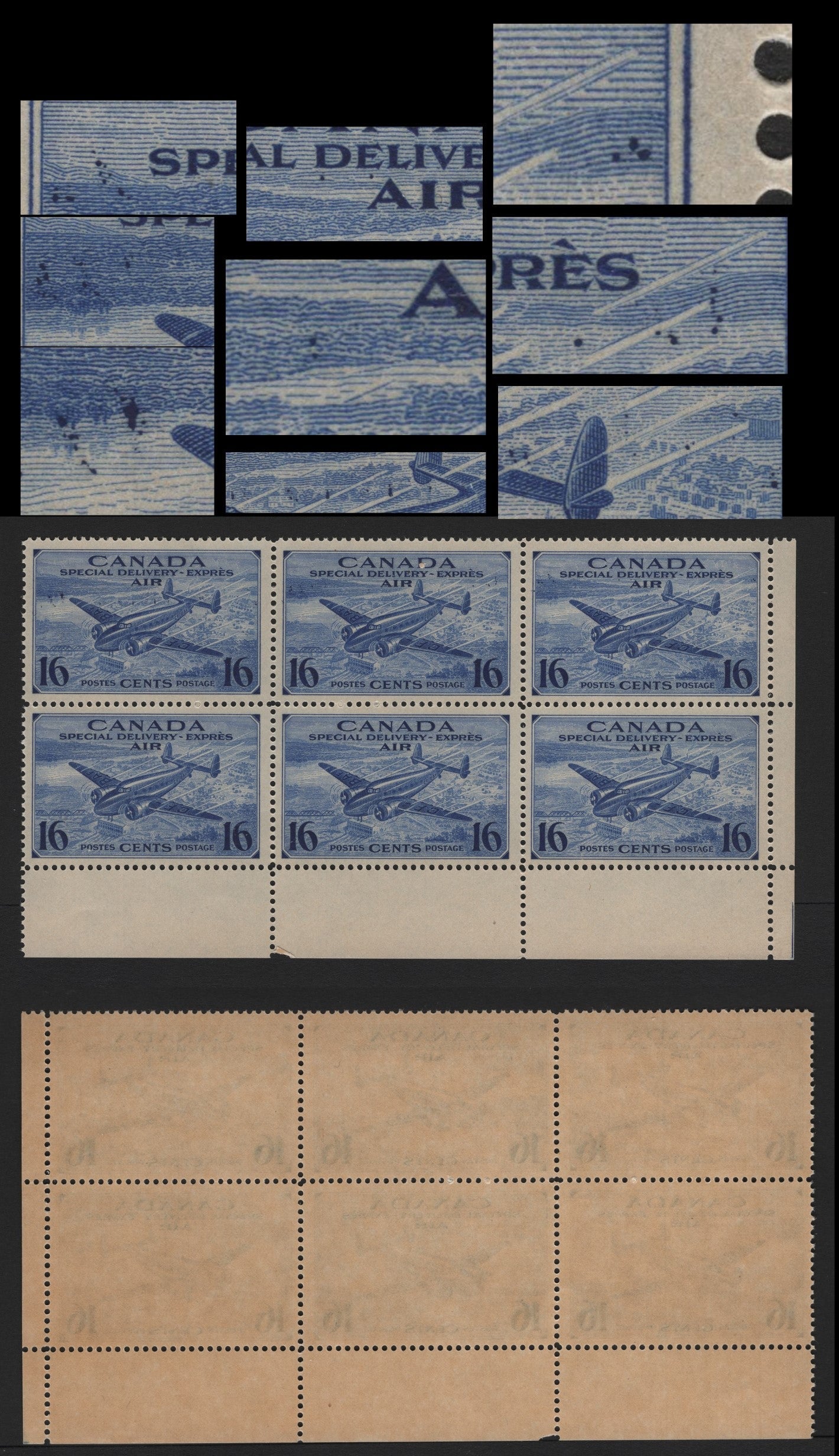 Lot 250 Canada #CE1var 16c Deep Ultramarine Trans-Canada Airplane, 1942-1943 Airmail Special Delivery Issue, A FNH LR Block Of 6, CBN-HHHHH Paper, Perf 11.95x12, Showing Ink Drag Spatter Flaw Affecting Top 3 Stamps (POS.43-45).