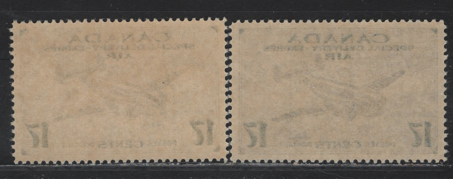 Lot 266 Canada #CE2 17c Deep Ultramarine - Deep Violet Blue Trans-Canada Airplane, 1942-1943 Airmail Special Delivery Issue, 2 VFNH Singles, CBN-KKKKK Paper, Perf 11.95x11.9