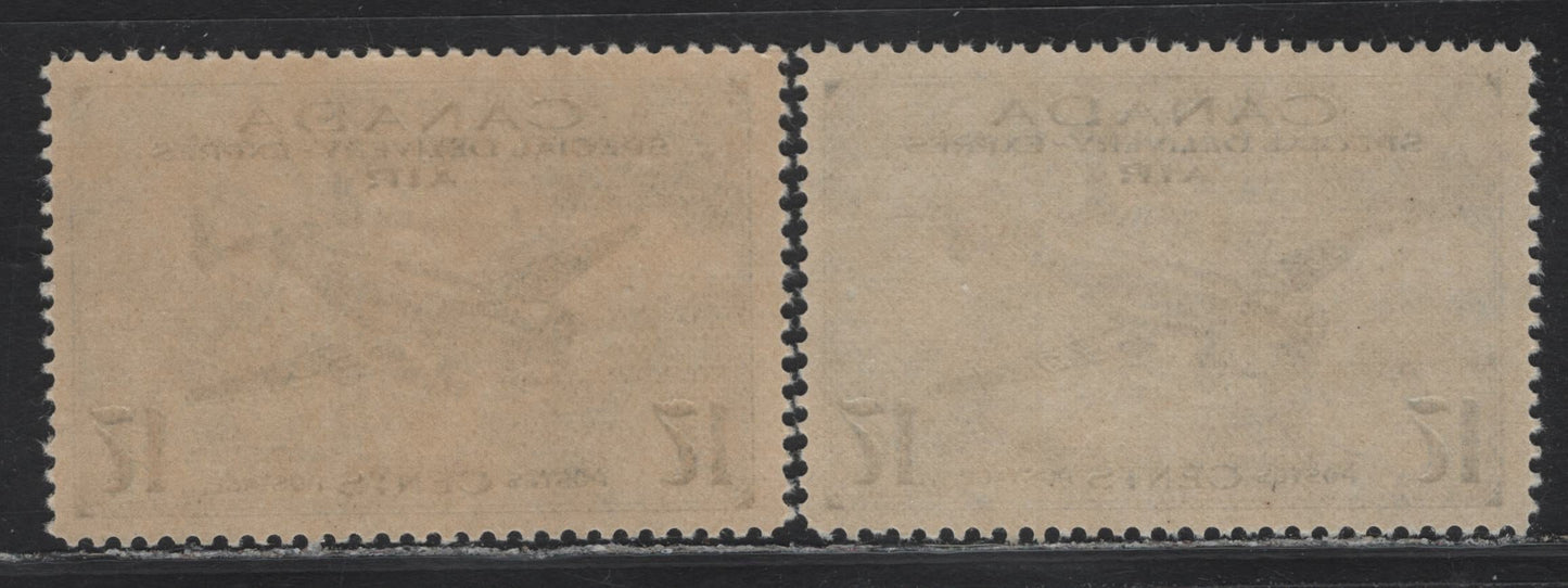 Lot 274 Canada #CE2 17c Deep Violet Blue & Deep Ultramarine Trans-Canada Airplane, 1942-1943 Airmail Special Delivery Issue, 2 VFNH Singles, CBN-QQQ Paper, Unchecked As to Perfs