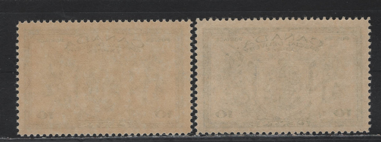 Lot 278 Canada #E10 10c Bright Green Arms & Flags, 1942 War Issue Special Delivery, 2 VFNH Singles, CBN-LLLLL & CBN-KKKK Papers, Perfs 11.95x11.9 & 12x11.85