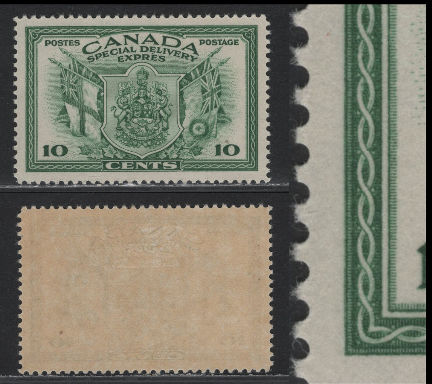 Lot 281 Canada #E10var 10c Green Arms & Flags, 1942 War Issue Special Delivery, A VFOG Single, CBN-KKKK Paper, Perf 11.95x12, Showing Clear Re-Entry In Which Outer Frameline Is Doubled Along Lower Half At Left.