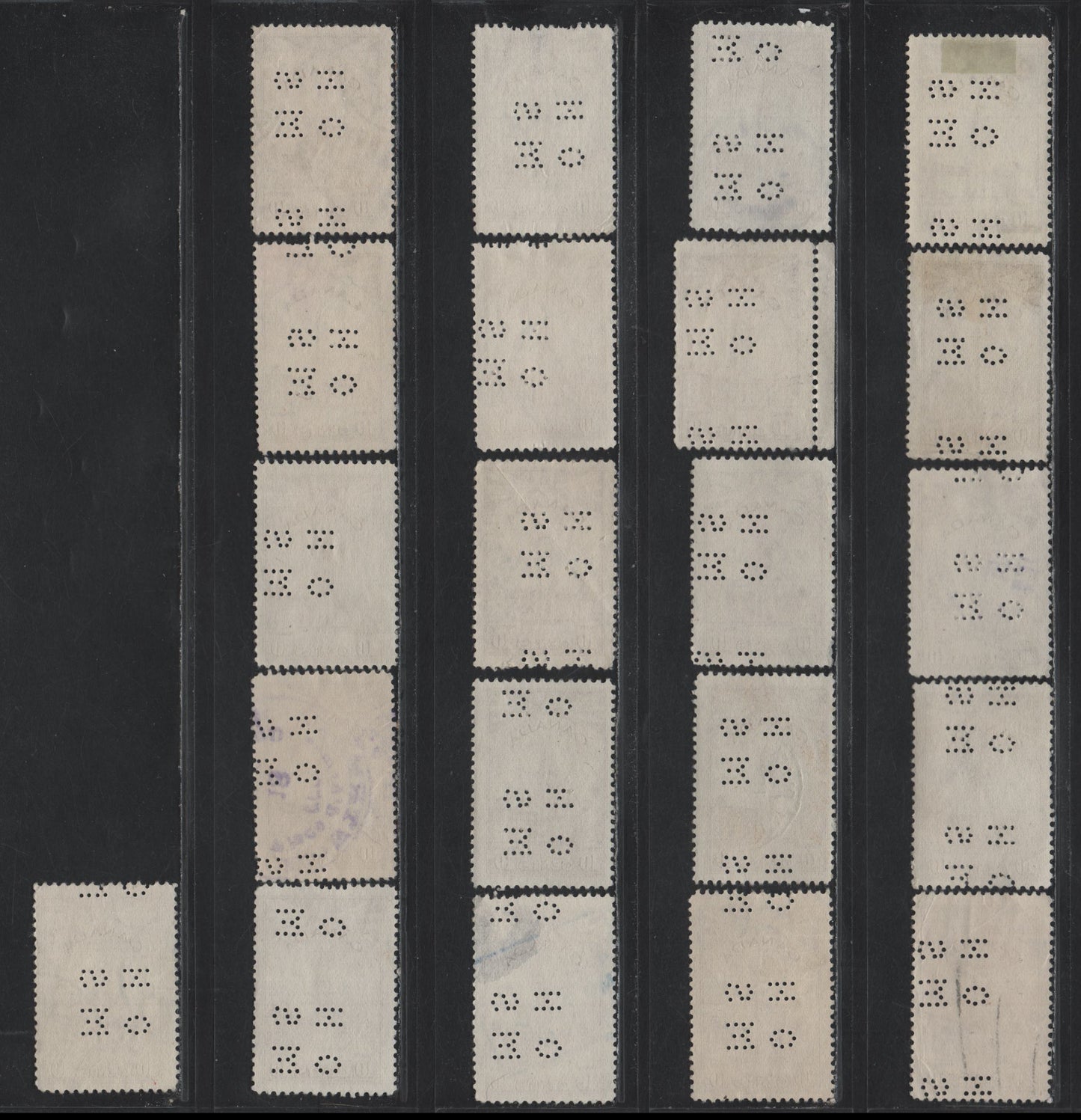 Lot 297 Canada #O9-257, O10-257 10c Brown Parliament Buildings, 1942-1943 KGVI War Issue, 49 Fine Used Singles, 4-Hole OHMS Perfins From Pos. 4, Unchecked As To Die Type, Paper & Perfs