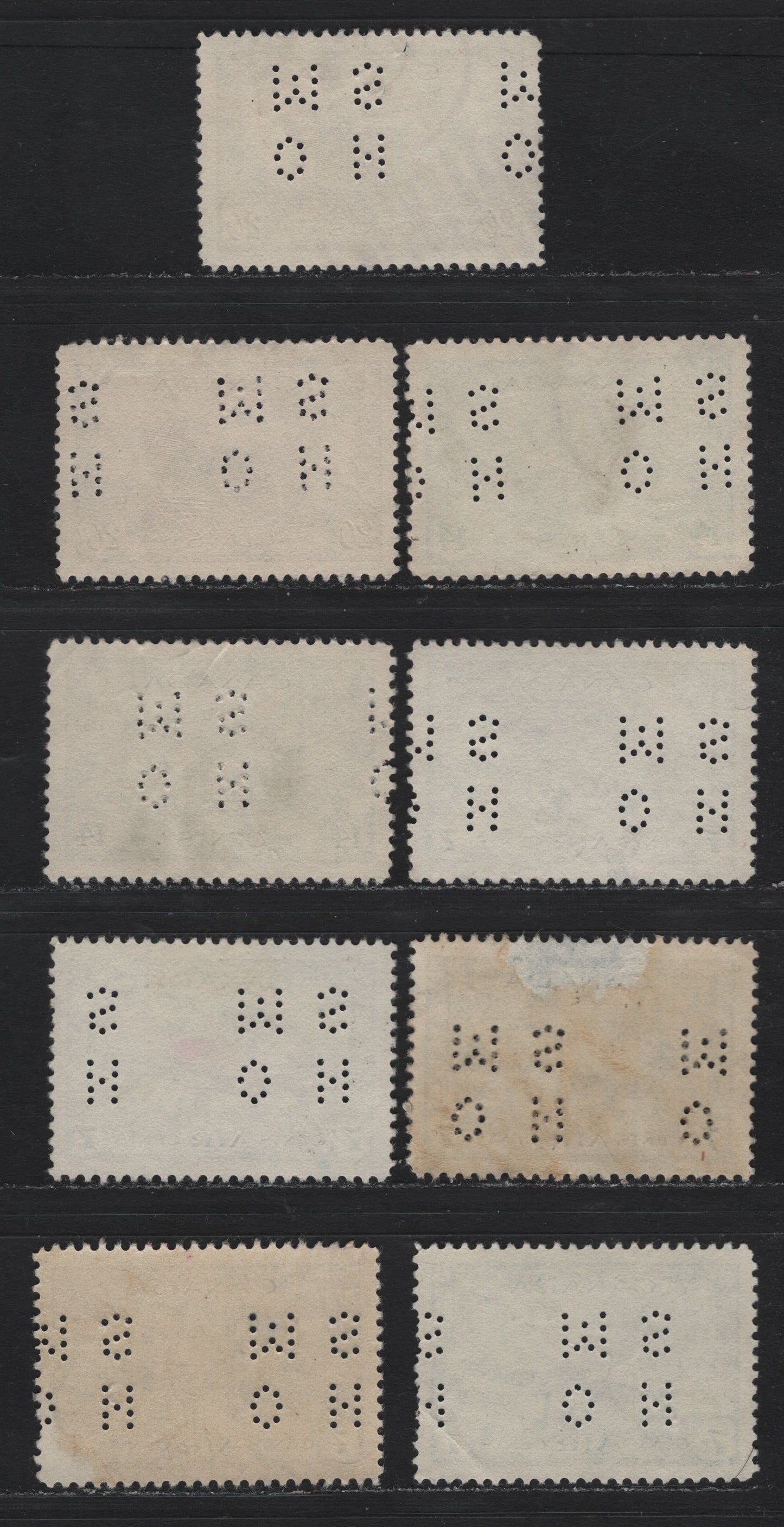 Lot 313 Canada #O9-259, O9-260, O9-C8 14c - 7c Myrtle Green - Dull Blue Ram Tank - Air Training Plan, 1942-1943 War - Airmail Issues, 9 Very Fine Used Singles, 4-Hole OHMS Perfins, Original Die From Pos. 3, Unchecked As To Paper Types & Perfs.