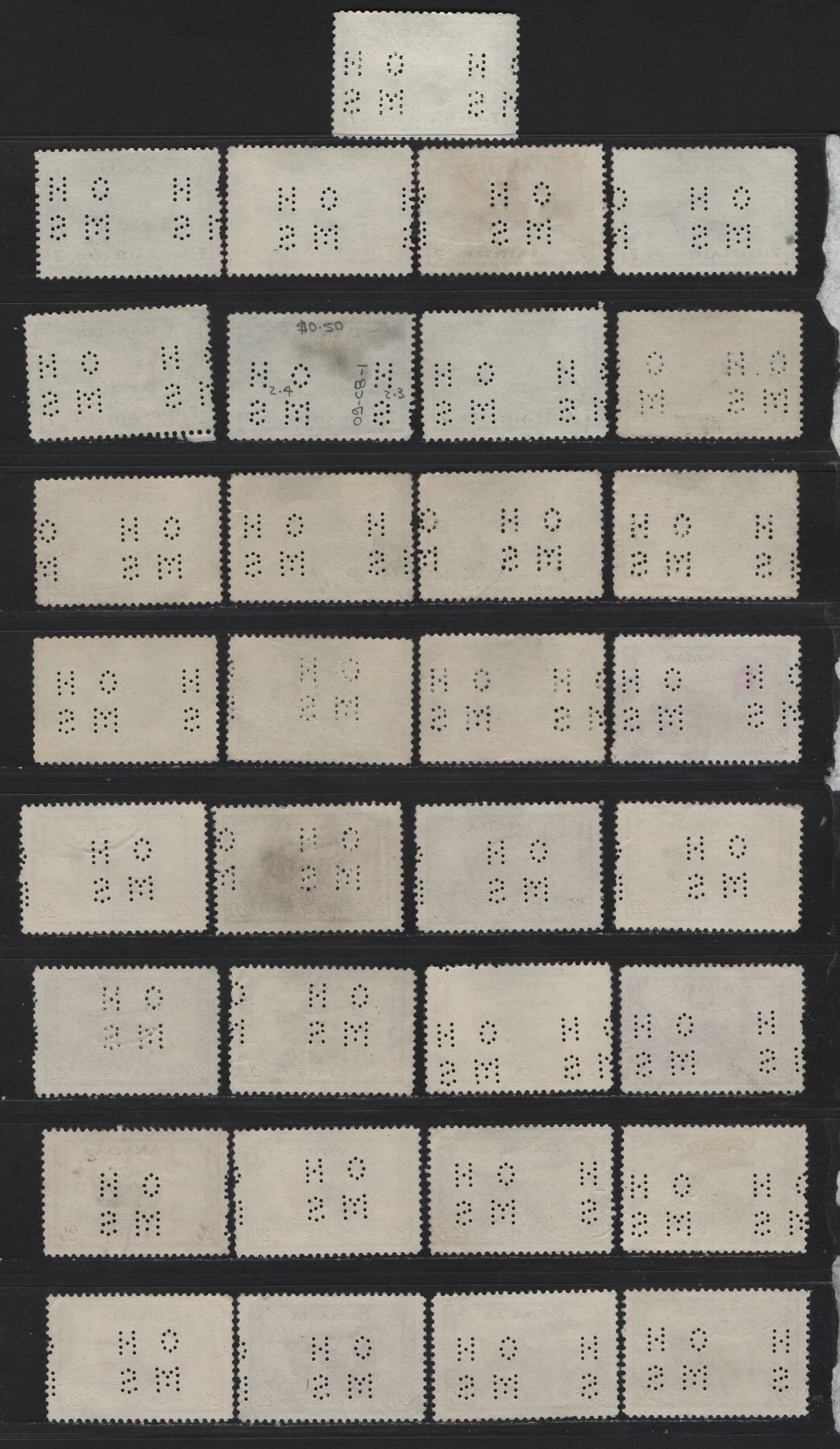Lot 317 Canada #O9-259, O9-260, O9-C8 14c - 7c Myrtle Green - Dull Blue Ram Tank - Air Training Plan, 1942-1943 War - Airmail Issues, 33 Very Fine Used Singles, 4-Hole OHMS Perfin, Original Die, Pos. 1, Unchecked As To Paper Types & Perfs.