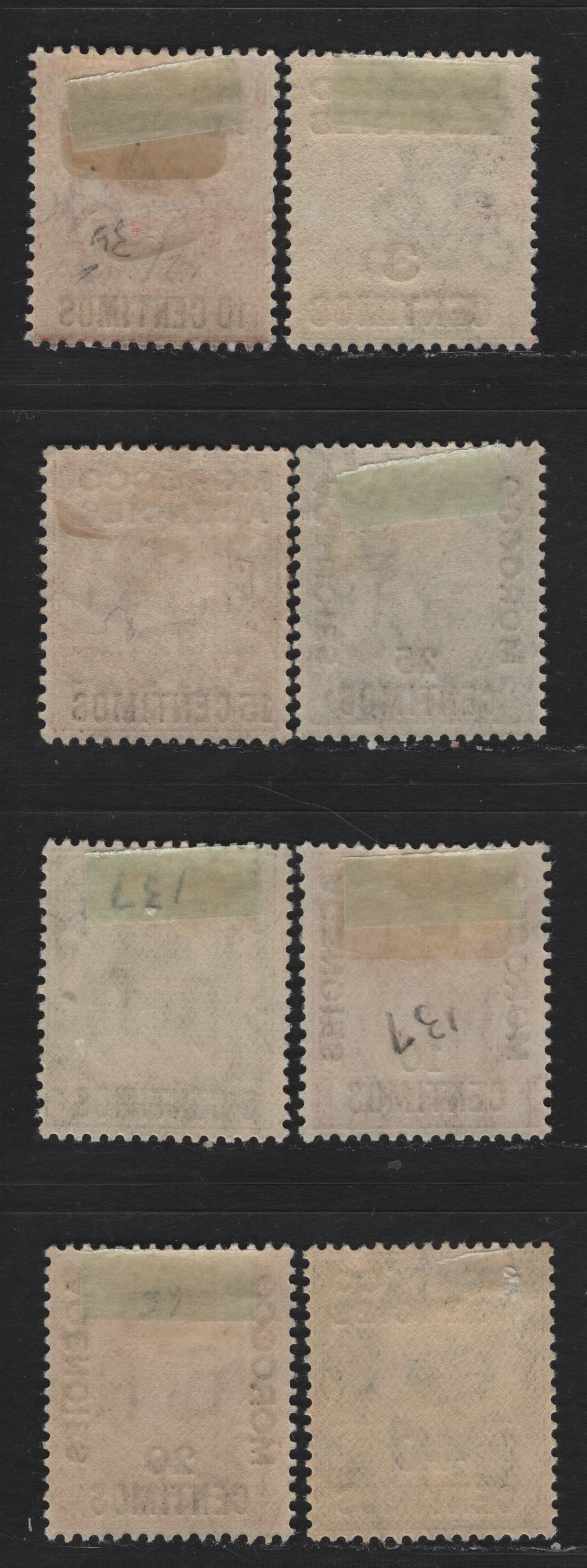 Lot 81 Morocco Agencies - Spanish Currency (C) SG#113, 128, 133, 139, 143-144, 146, 148 10c on 1d - 40c on 4d Scarlet - Gray Green , 1907-1931 Surcharged King Edward VII - KGV Profile Head Issues, 8 F/VFOG Singles, Block Cypher Wmks